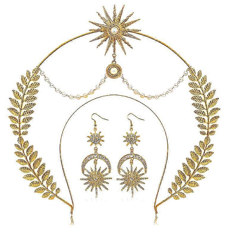 Halo Crown Headpiece & Earrings, Boho Goddess Headpiece, Golden Leaf Moon Star Accessories for Women, Goddess Headpiece Boho Style