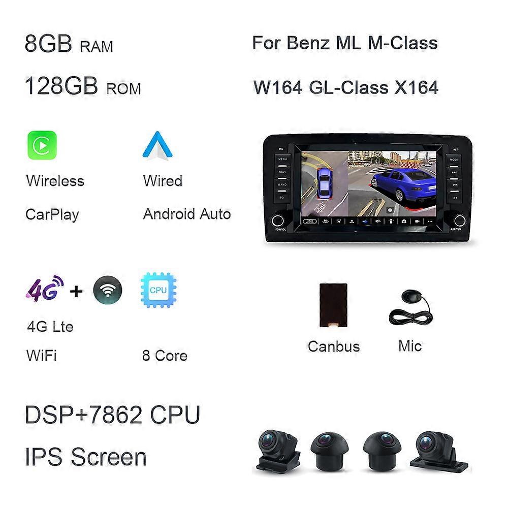 8 360 8GB+128G Carplay DSP Android 12.0 Car DVD Player GPS map WIFI Stereo RDS Radio For Benz ML M-Class W164 GL-Class X164