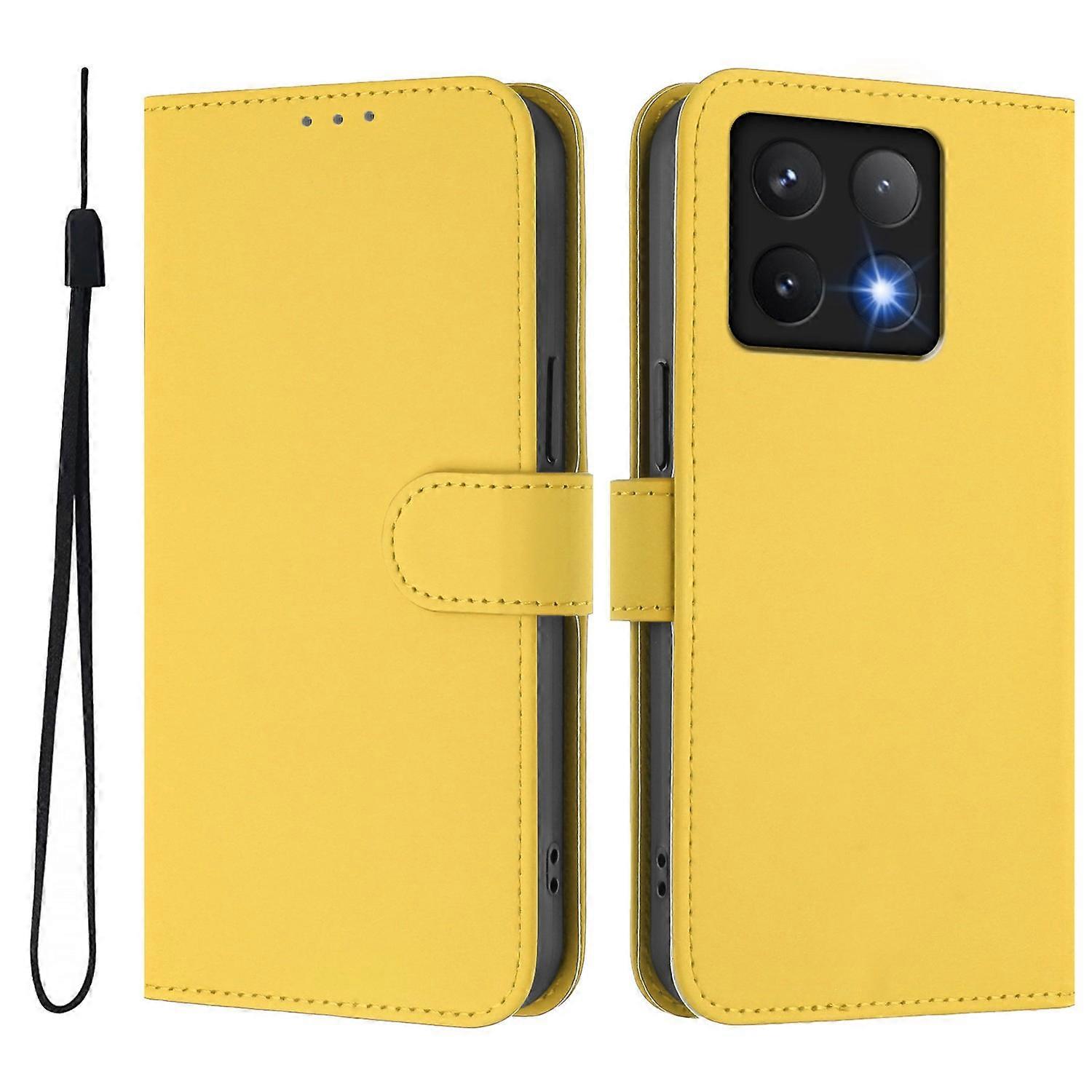 For Xiaomi 14T Case Solid Color Wallet Leather Phone Cover with Strap - Lemon