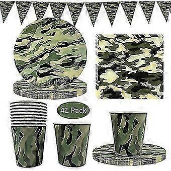 41 Paket Kamuflaj Tek Kullanımlık Sofra Takımı, Kamuflaj Partisi Malzemeleri Kamuflaj Tabakları Bardaklar Peçeteler Ve Üçgen Afiş Ordu Askeri Avcılık Temalı