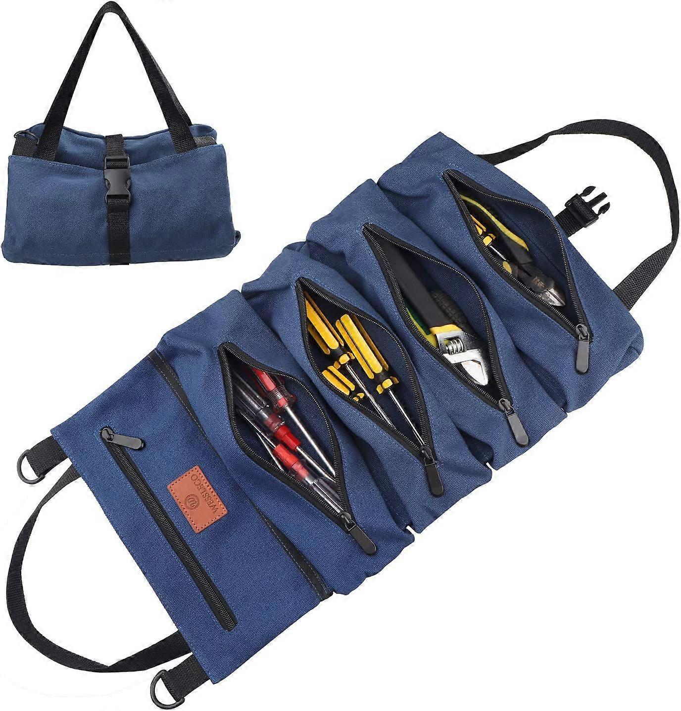 Roll Up Tool Bag, Wrench Roll Up Pouch Canvas Tool Roll Organize (Blue)