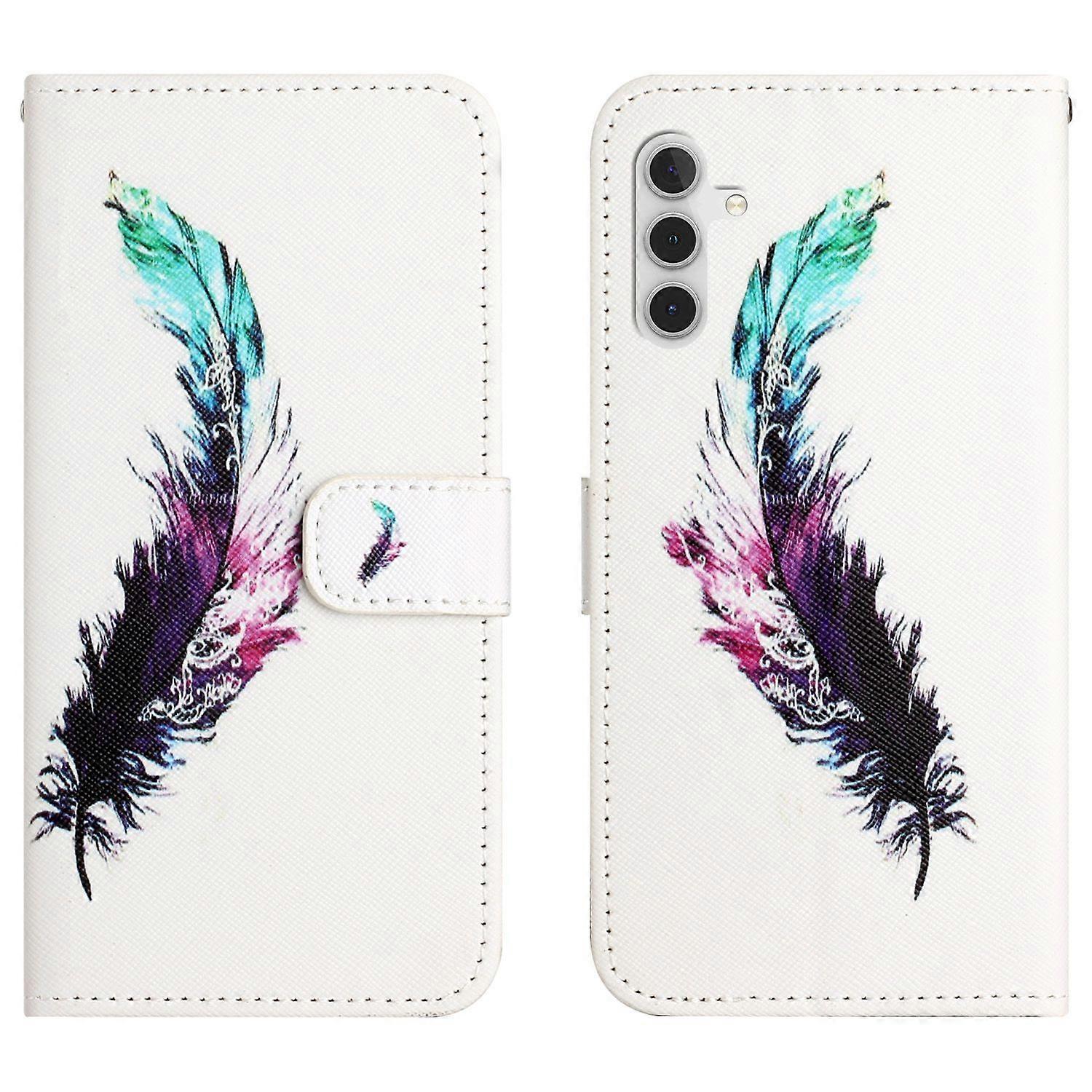 For Samsung Galaxy A56 5G Case Pattern Print PU Leather Wallet Phone Cover Cross Texture-Feather