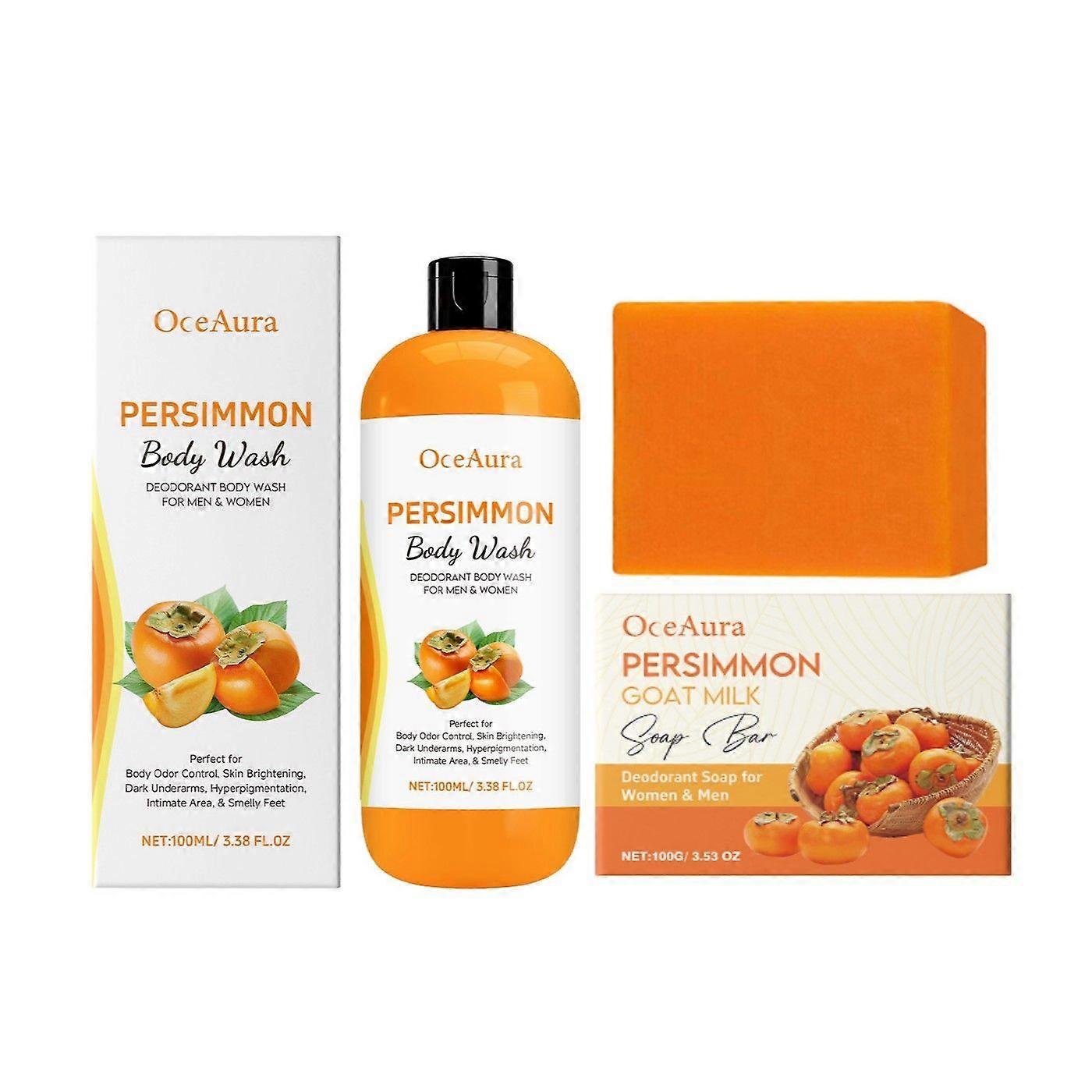 Gel douche au kaki + pain de savon au kaki pour le contrôle des odeurs corporelles, savon corporel désodorisant purifiant pour éliminer les odeurs, éclaircir la peau