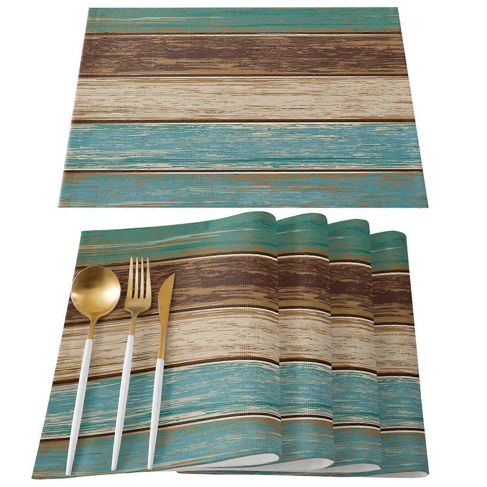 Teal Green and Brown Retro Rustic Wood Texture Placemats 18x12 Inch Set of 4 Heat Resistant Washable Non-Slip for Dining