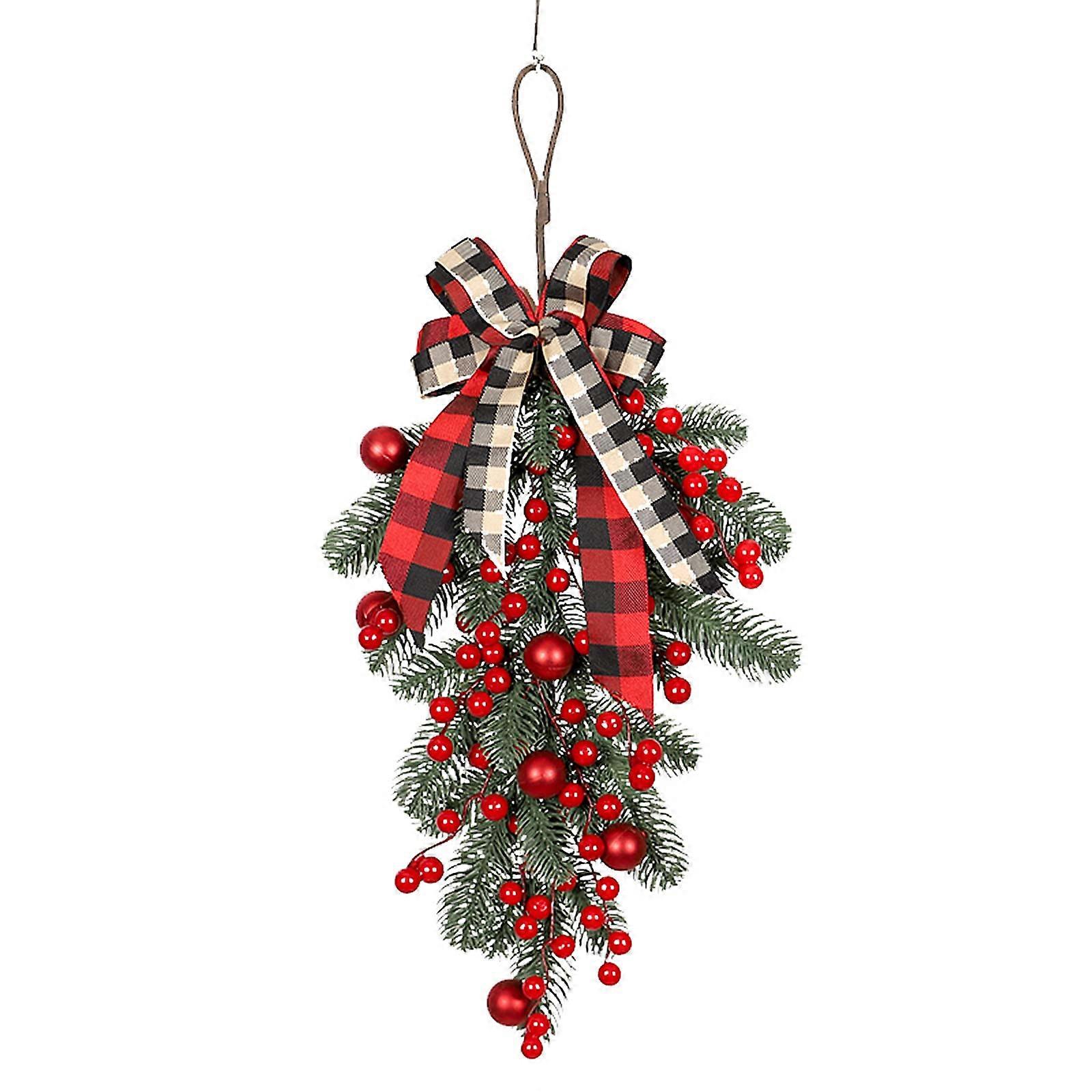 A1 60cm Artificial Pine Swag with Red Berries and Bow for Christmas Home Table and Door Decor