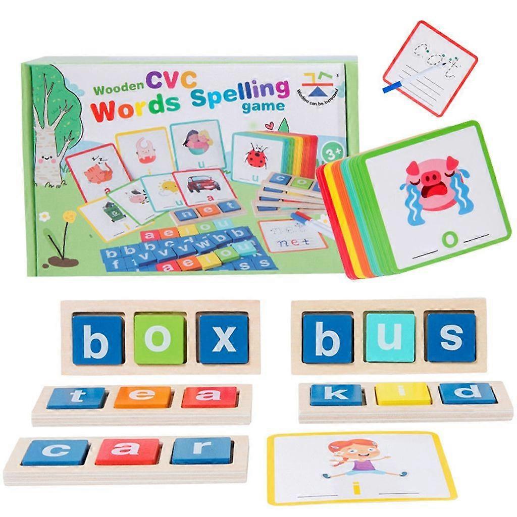Letter Spelling Block with 60 Flash Cards Game English Words Early Educational Puzzle Game for Children Kids Wood Toy