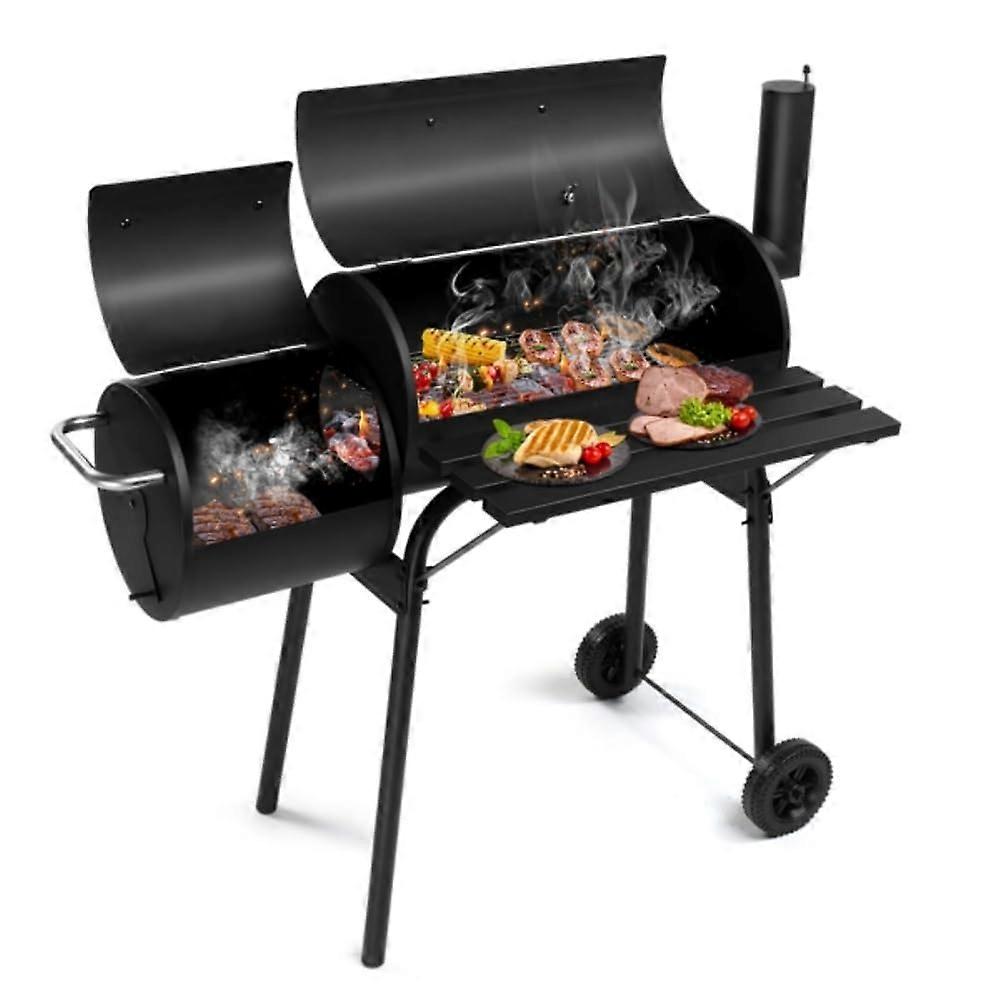 Barrel Charcoal Grill with Offset Smoker, All Metal Outdoor Smoker with Side Table and Wheels Outdoor for Camping BBQ, Backyard Cooking