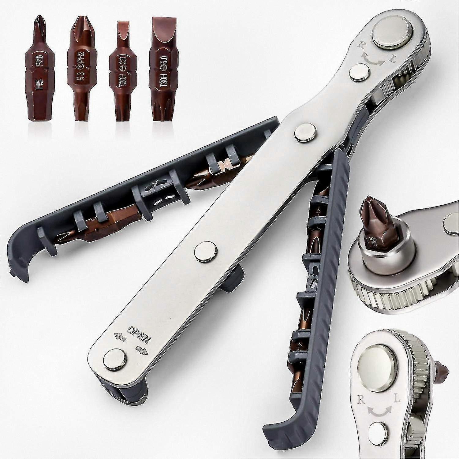 Compact Right Angle Magnetic Screwdriver with Ratchet Mechanism for Tight Spaces, 134mm, 1/4 Inch Hex Bit