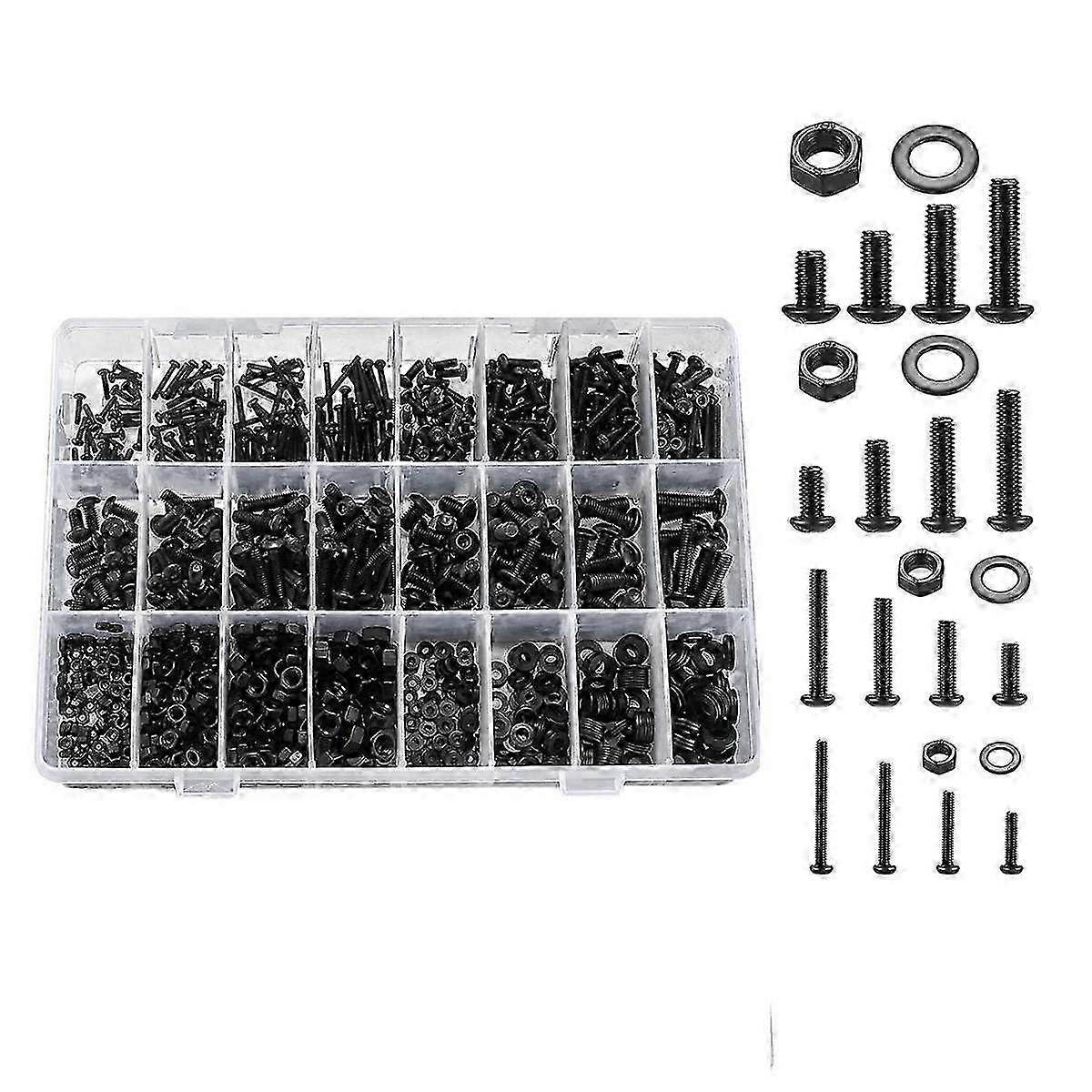 1225 Pieces Hex Socket Head Cap Screws Machine Threaded Bolts Nuts Flat Washers Assortment Kit