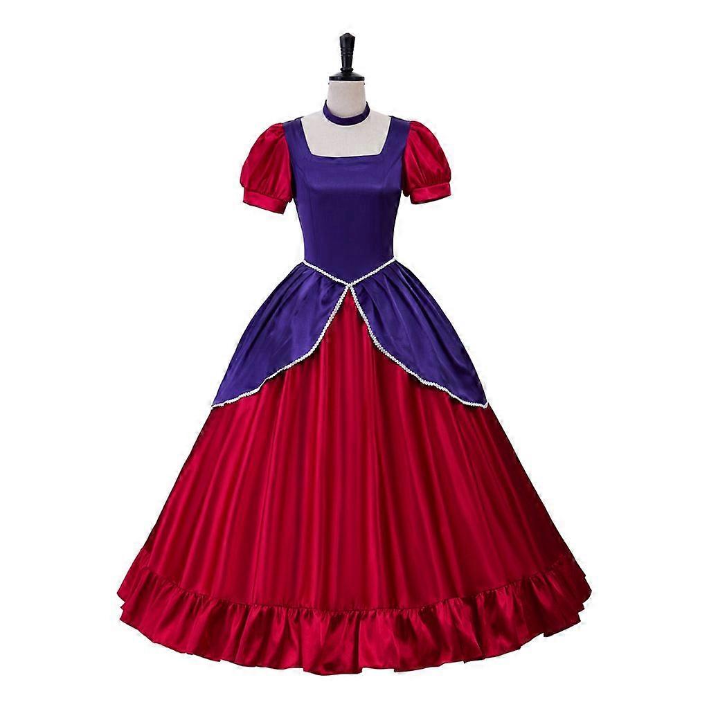 Renaissance Princess Dress Two-Tone Red and Purple Ball Gown with Puff Sleeves and Square Neckline