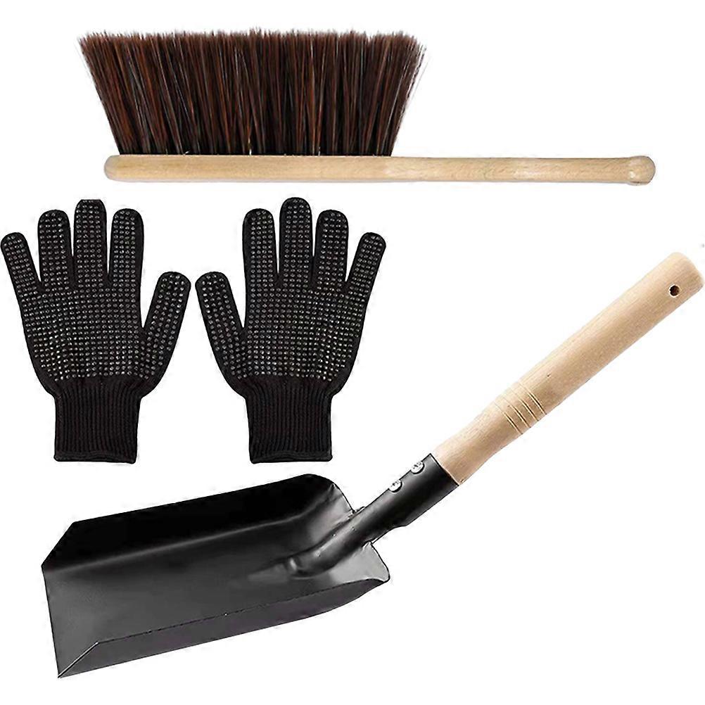 Wood Handle Cleaning Set, Includes Broom, and Gloves, Efficient Fireplace Cleaning