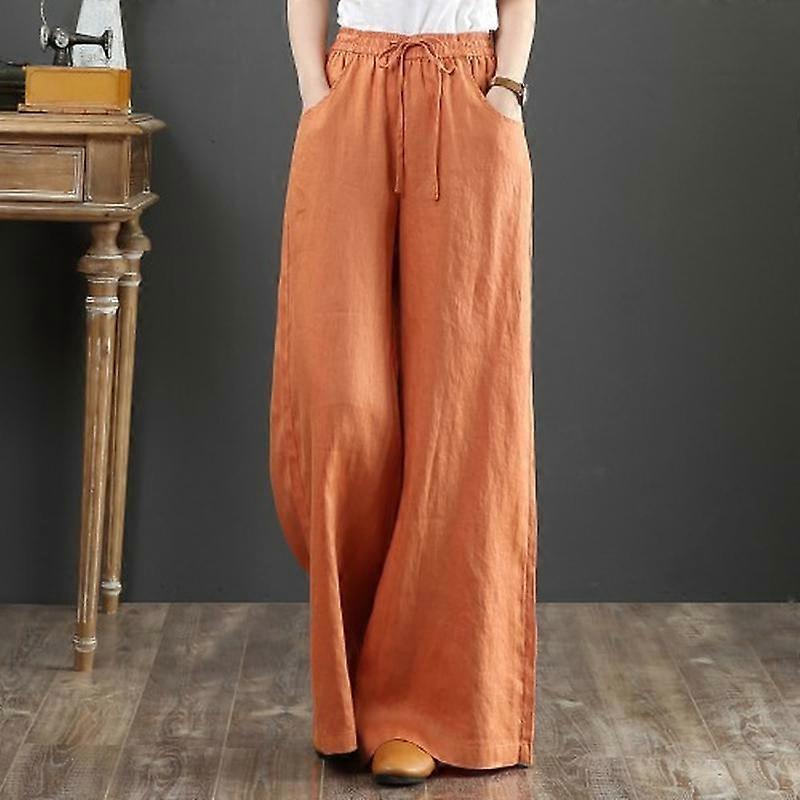 Literary Large Size Loose Solid Color Linen Lace Elastic Waist Wide Leg Pants Trousers