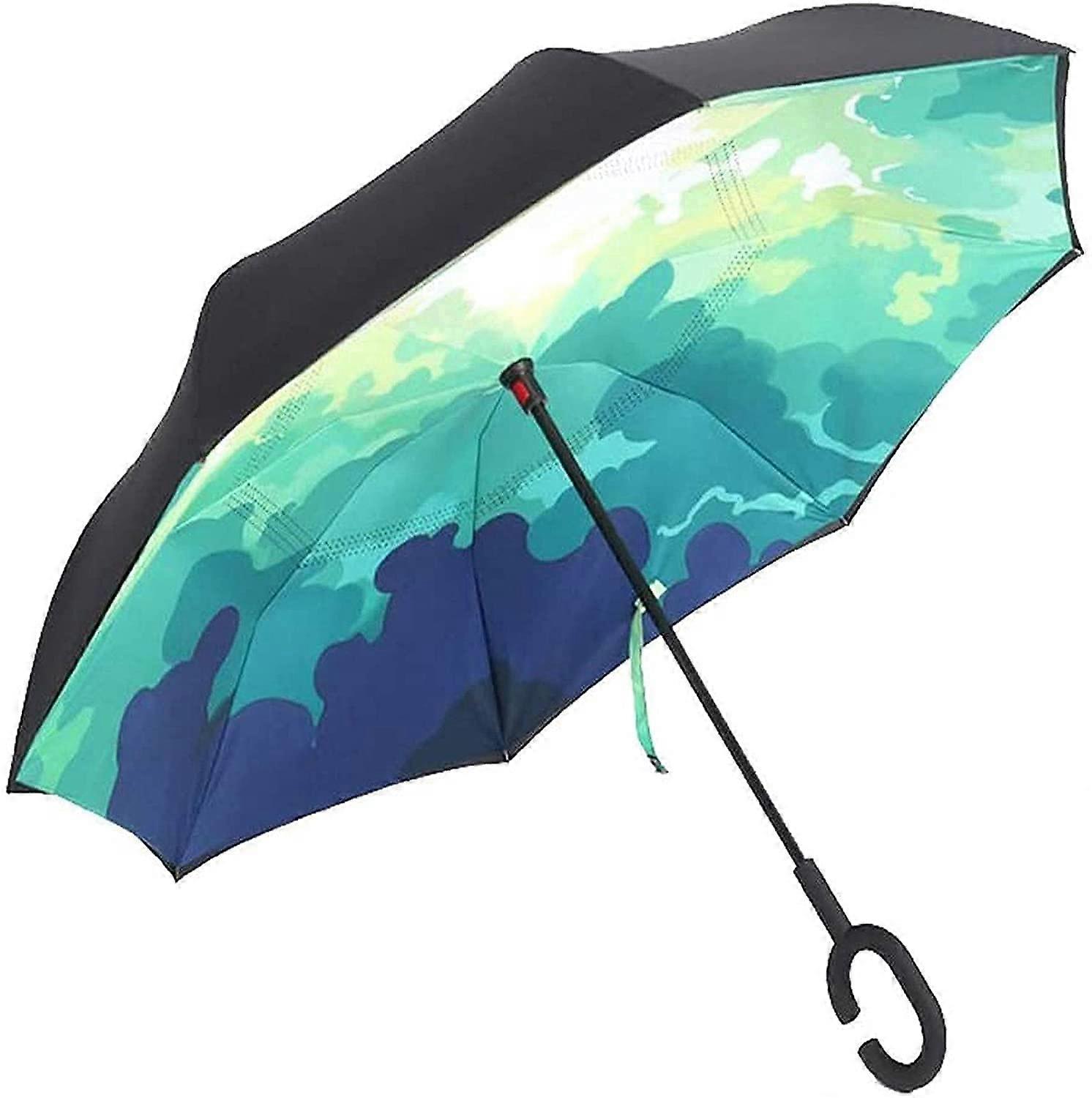 Foldable travel umbrella, double reversed, cars with Cshaped handle, selfstanding, to the left and left, hands