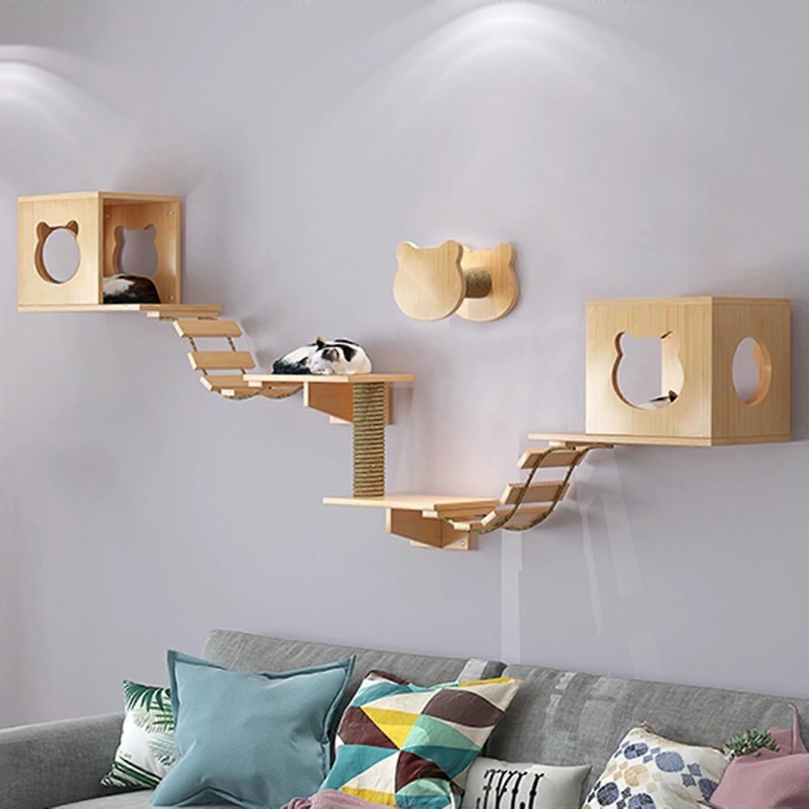 Cat Wall Furniture Cat Climbing Wall Set with Scratching Post, Steps, Ladder and Cat Bed, Play Towers (8 Pieces) 8pcs