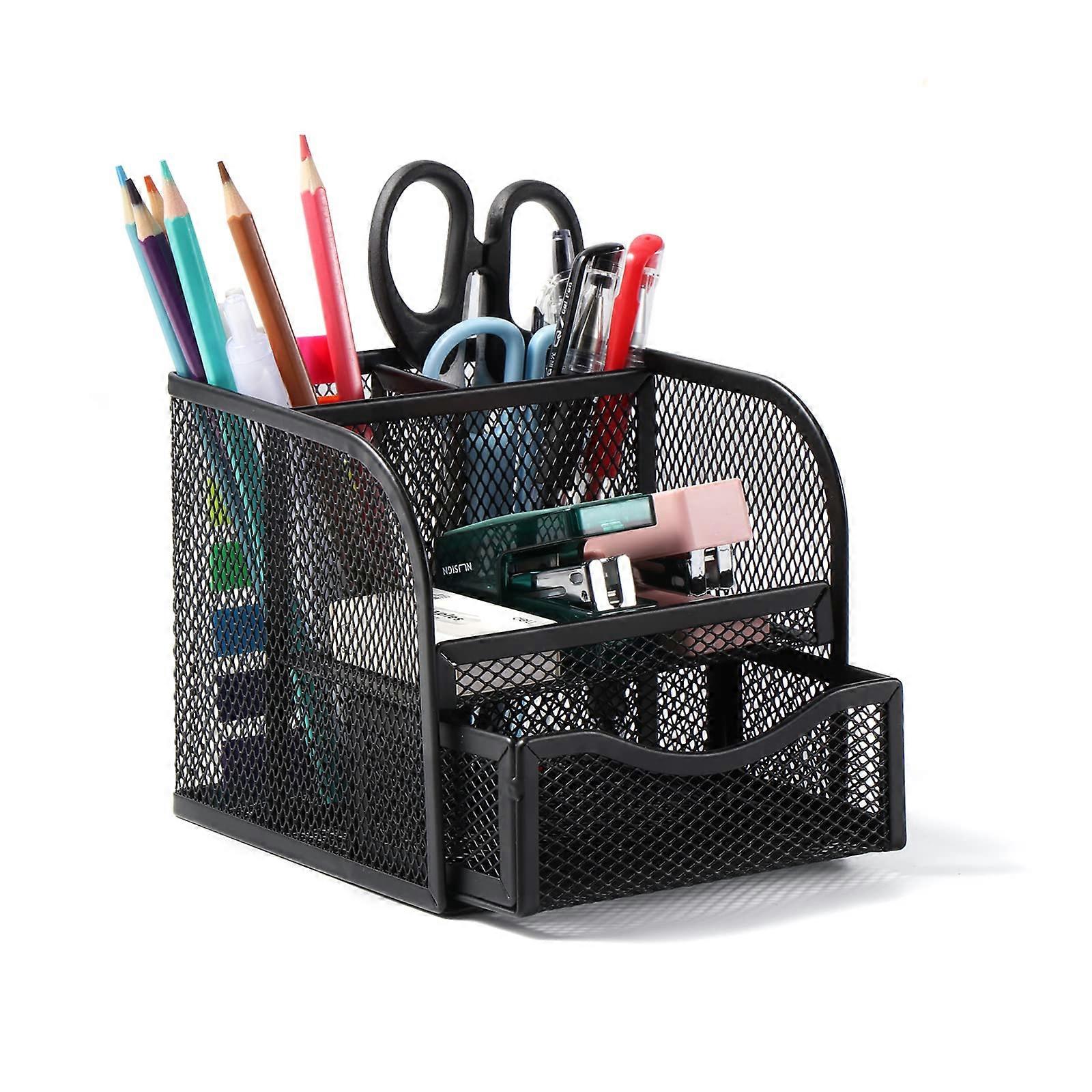 Mesh Desk Organizer with 4 Sorting Compartments, Space-Saving Sliding Drawer （Black）
