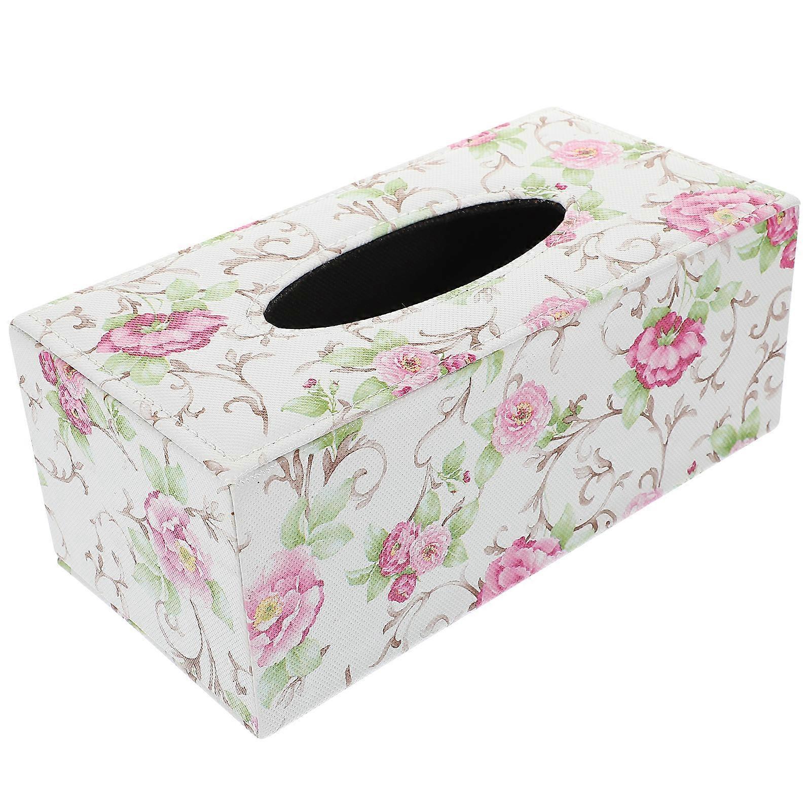 PU Floral Tissue Box Holder for Dining Table – Large Pink Pattern Napkin Container, Household Organizer, Decorative & Practical Tissue Cover for Home