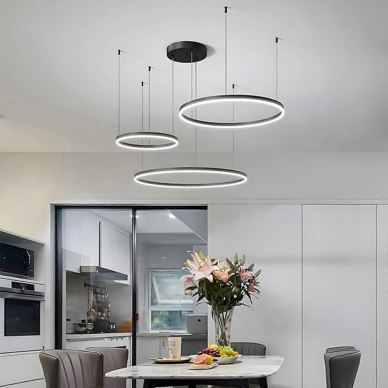 Modern LED Chandelier DIY Circle Pendant Light Remote Dimmable Ceiling Light (Black)