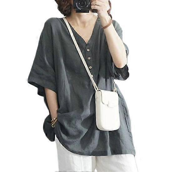 Tops V-Neck Buttons Half Placket Short Sleeve Tee Shirt Solid Color Loose Fit Pullover