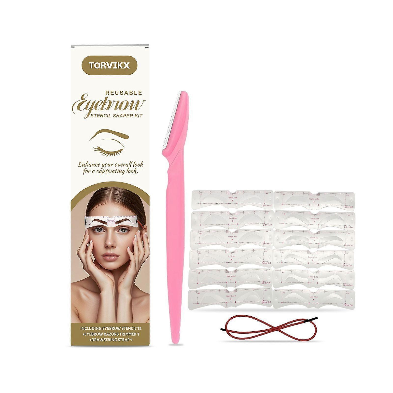 Reusable Eyebrow Stencil Shaper Kit - 12 Eyebrow Stencils, 1 x Eyebrow Razors Trimmer, 1 x Drawstring Strap, 3 Minutes Makeup