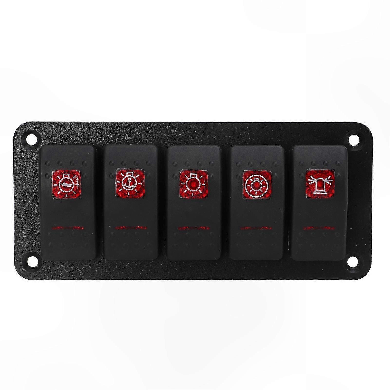 5 Gang LED Waterproof Rocker Switch Panel with Sticker for Marine RV 12V 24V DC