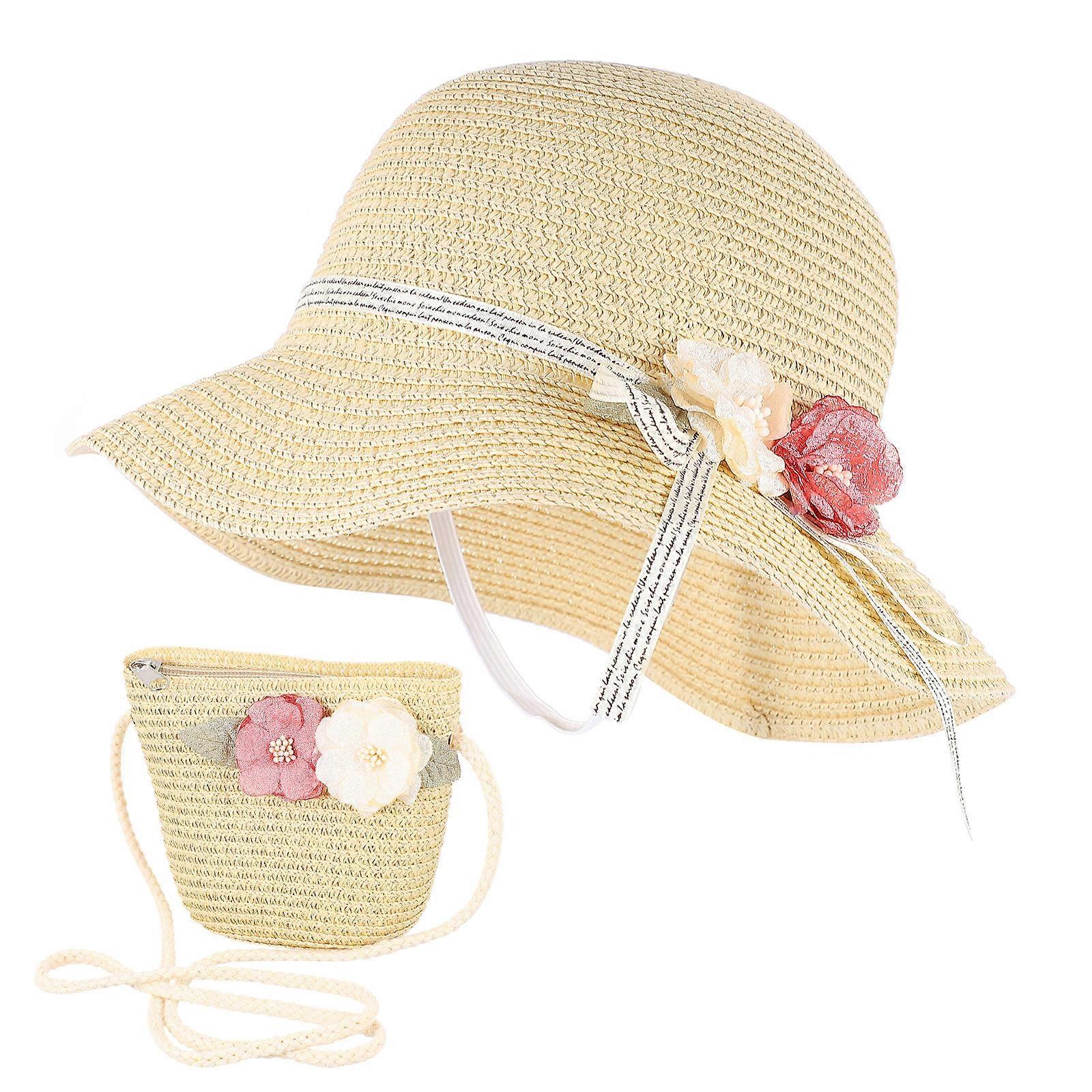 Straw Hat with Protective Features and Tote Bag for Kids Made of Synthetic Material