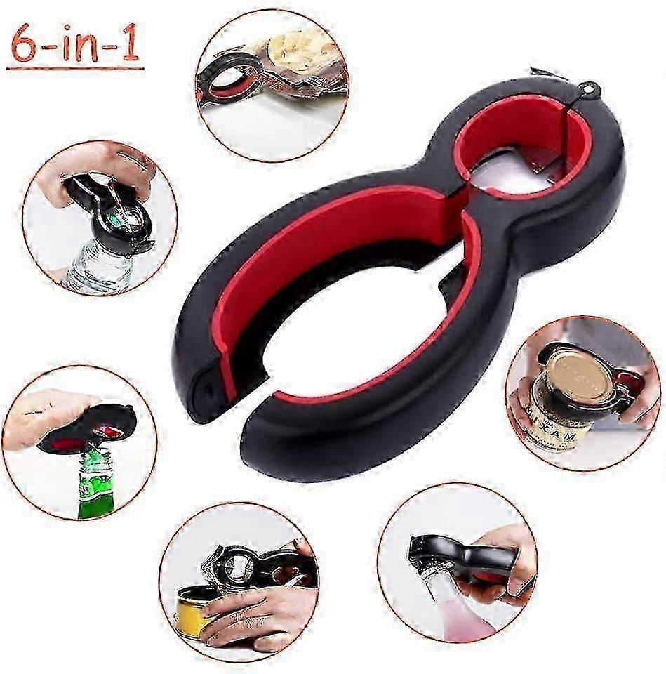 6-in-1 Multi-Functional Stainless Steel Bottle Opener, Can Opener & Jar Gripper Set (2 Pieces, Red)