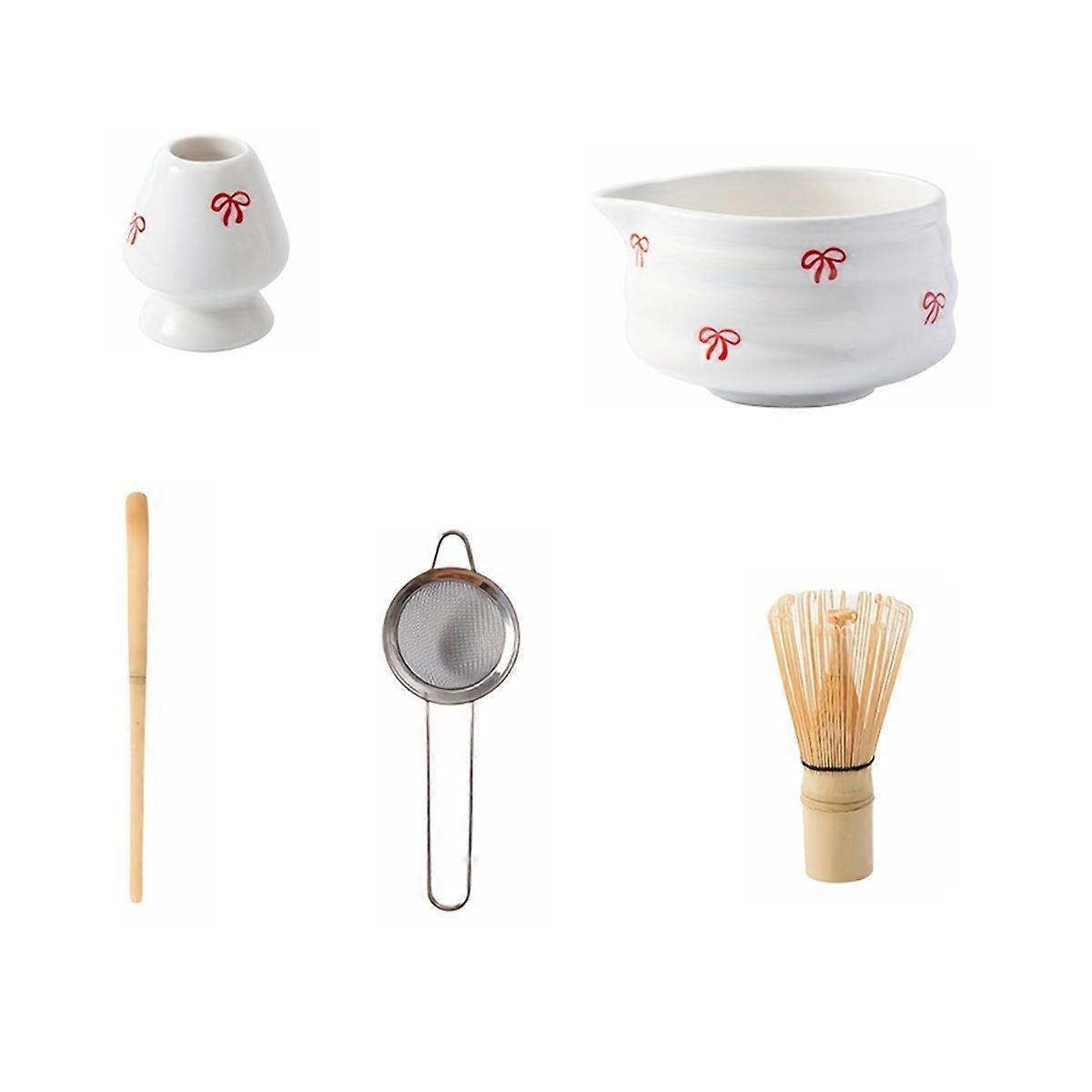 5 Pieces of White Decal Ceramic Matcha Set, Set Includes Matcha Bowl, Matcha Mixer and Holder, Bambo