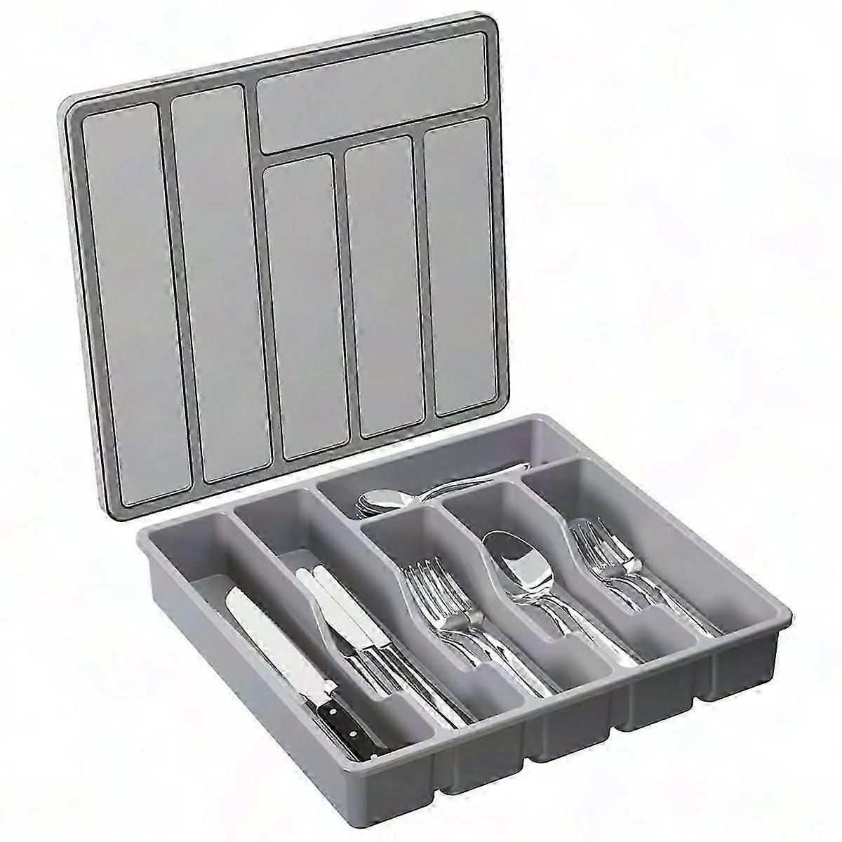 Silverware Organizer with Lid - Plastic Utensil Tray for Kitchen Drawer & Countertop Storage