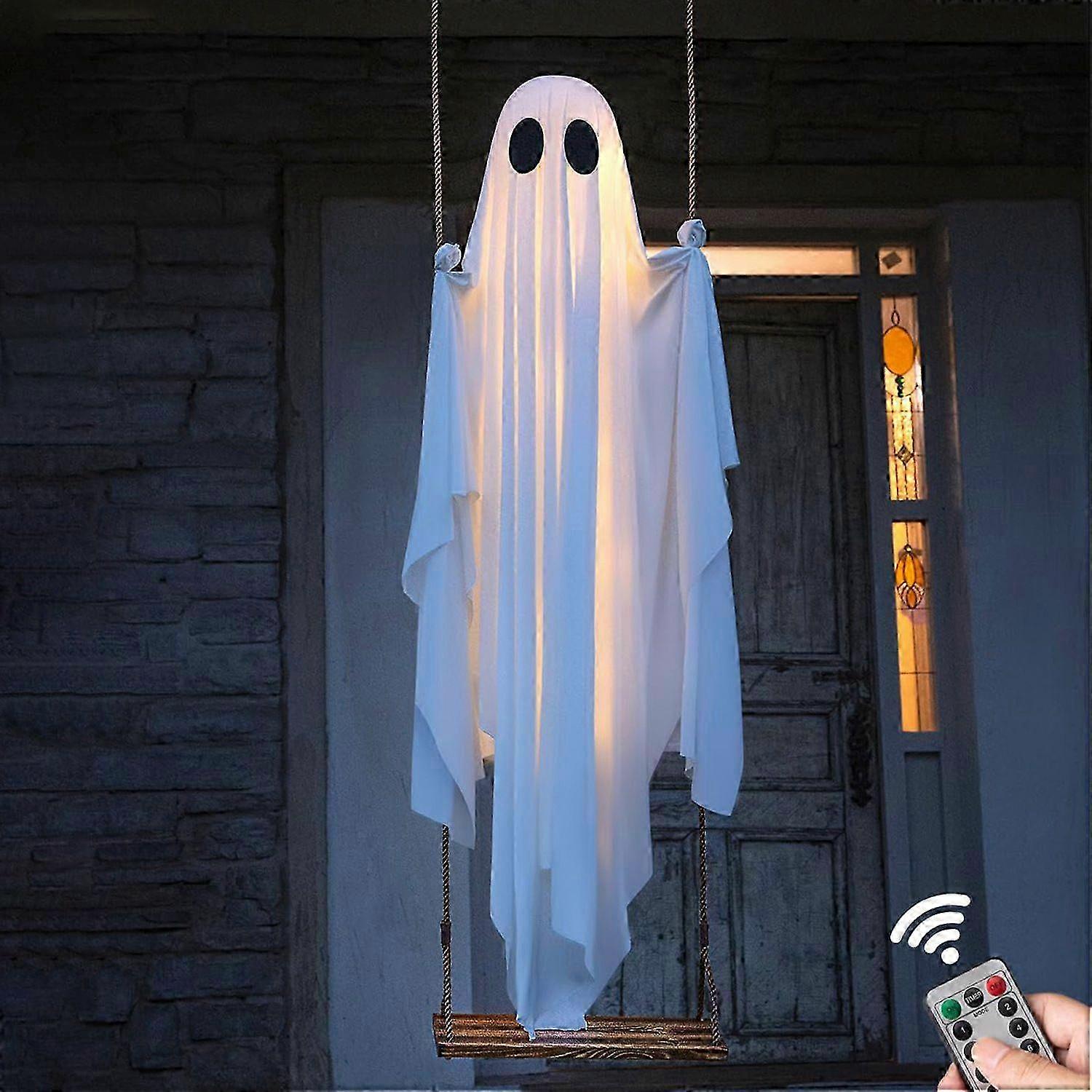 Halloween Decorations Outdoor - Large Hanging Swing Ghost Halloween Decor with String Lights - Spooky Cute Ghosts Decorations for Front Porch Yard Tre
