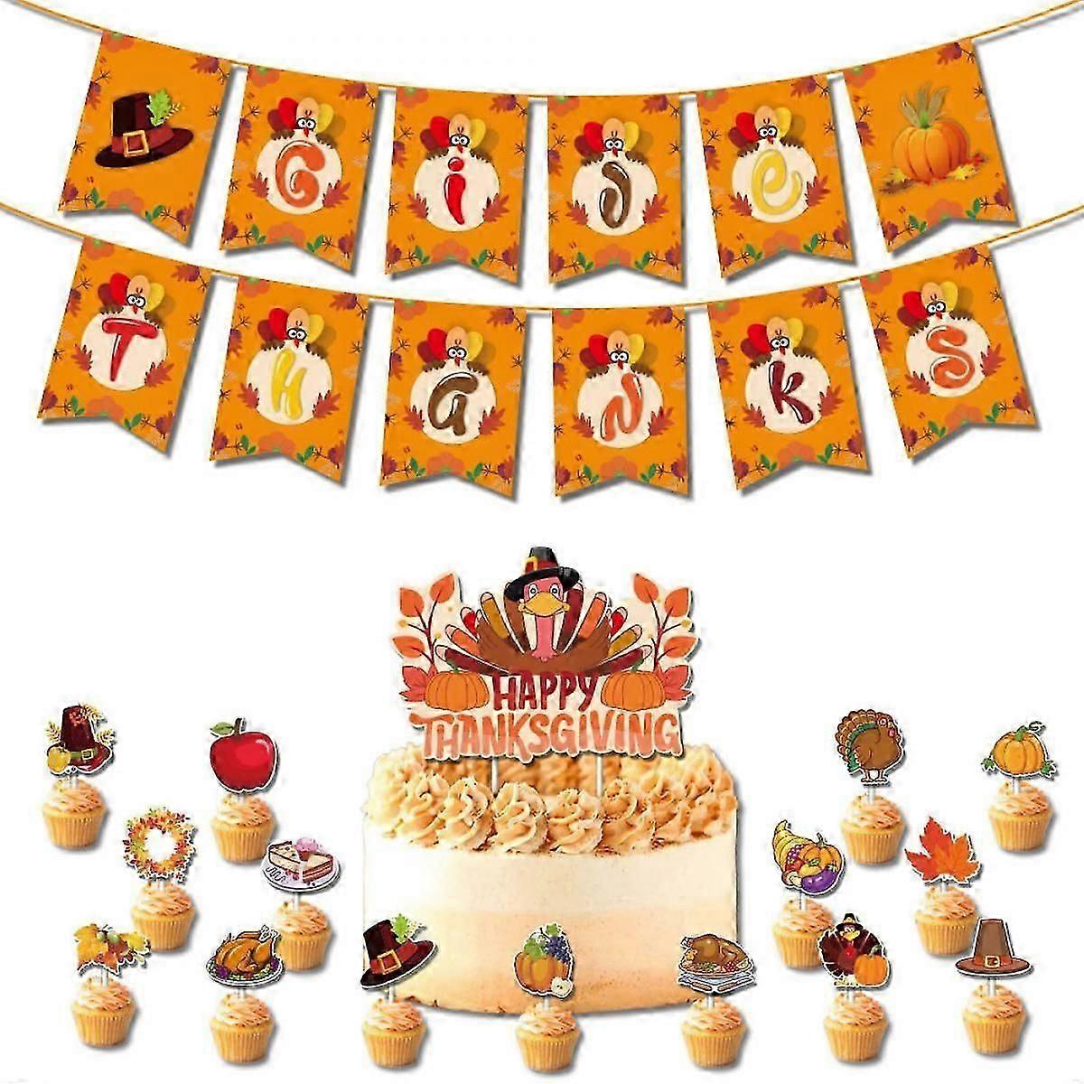 Thanksgiving Decorations-Give Thanks Banner Maple Leaves Cupcake Topper Pumpkin Latex Balloons Fall Harvest Decorations
