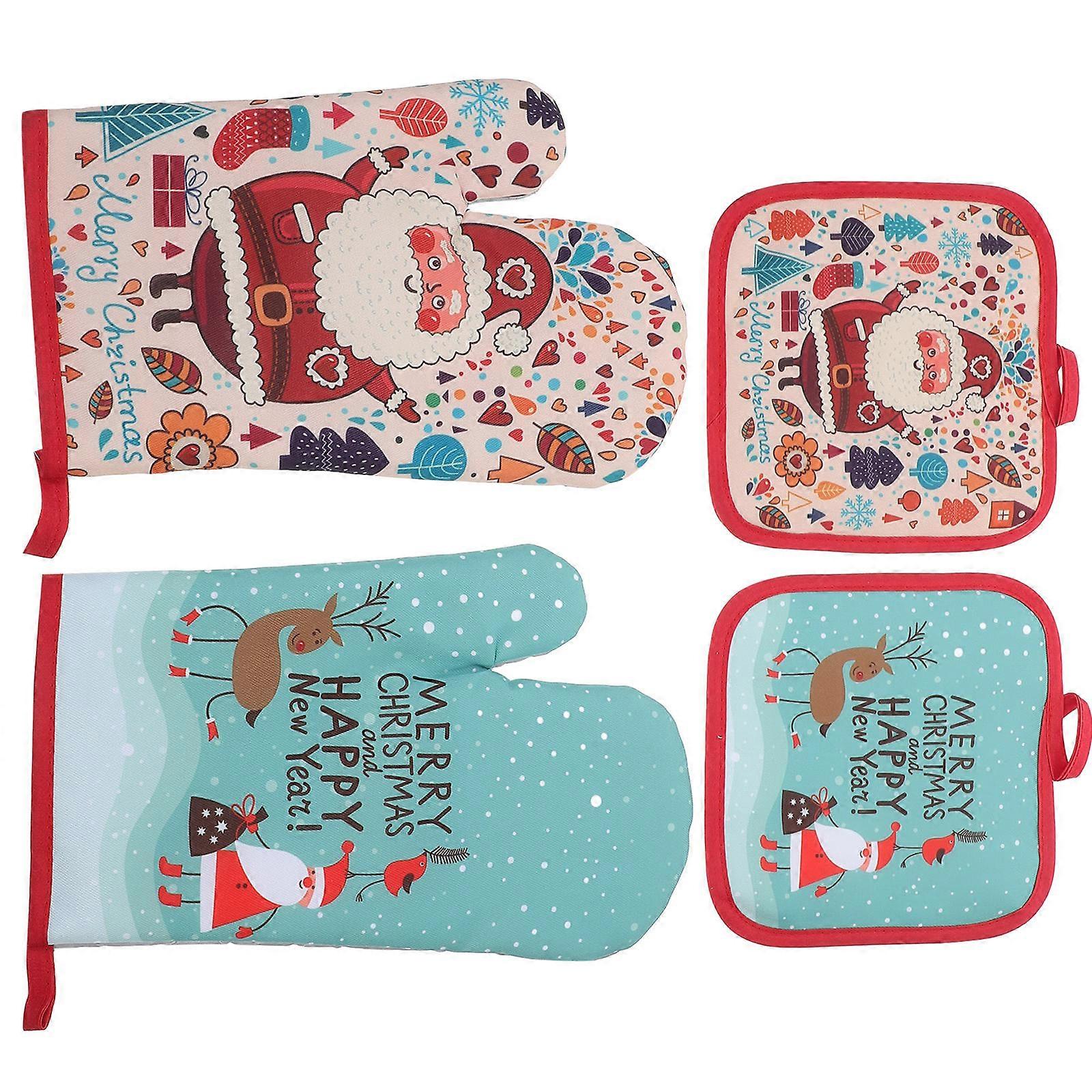 Kitchen Mitten Set Microwave Gloves for Baking 4Sets Christmas Style Theme