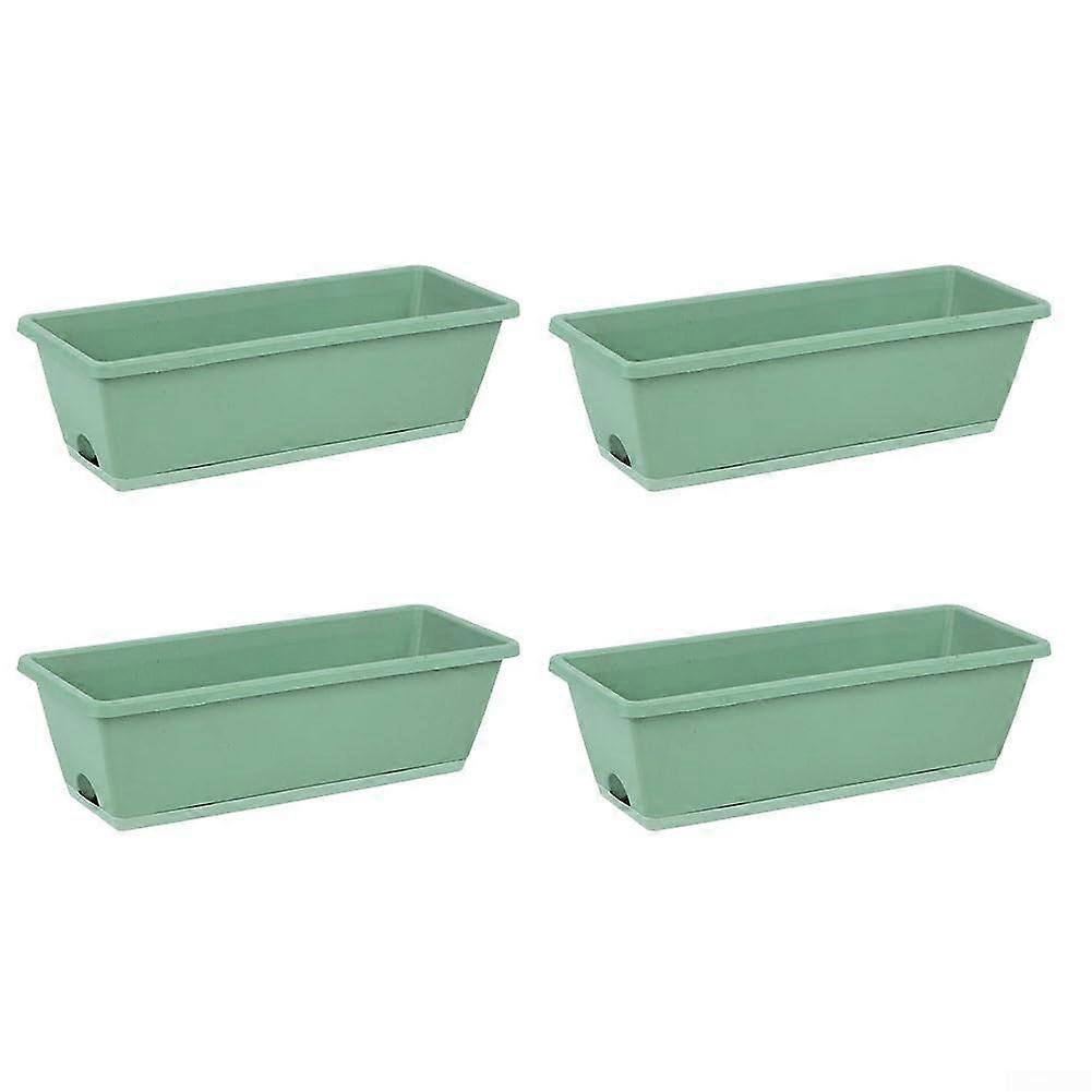Set Of 4 Plastic Rectangular Window Boxes Drainage Holes And Catch Tray Light Green For Succulents, Flowers, Vegetables