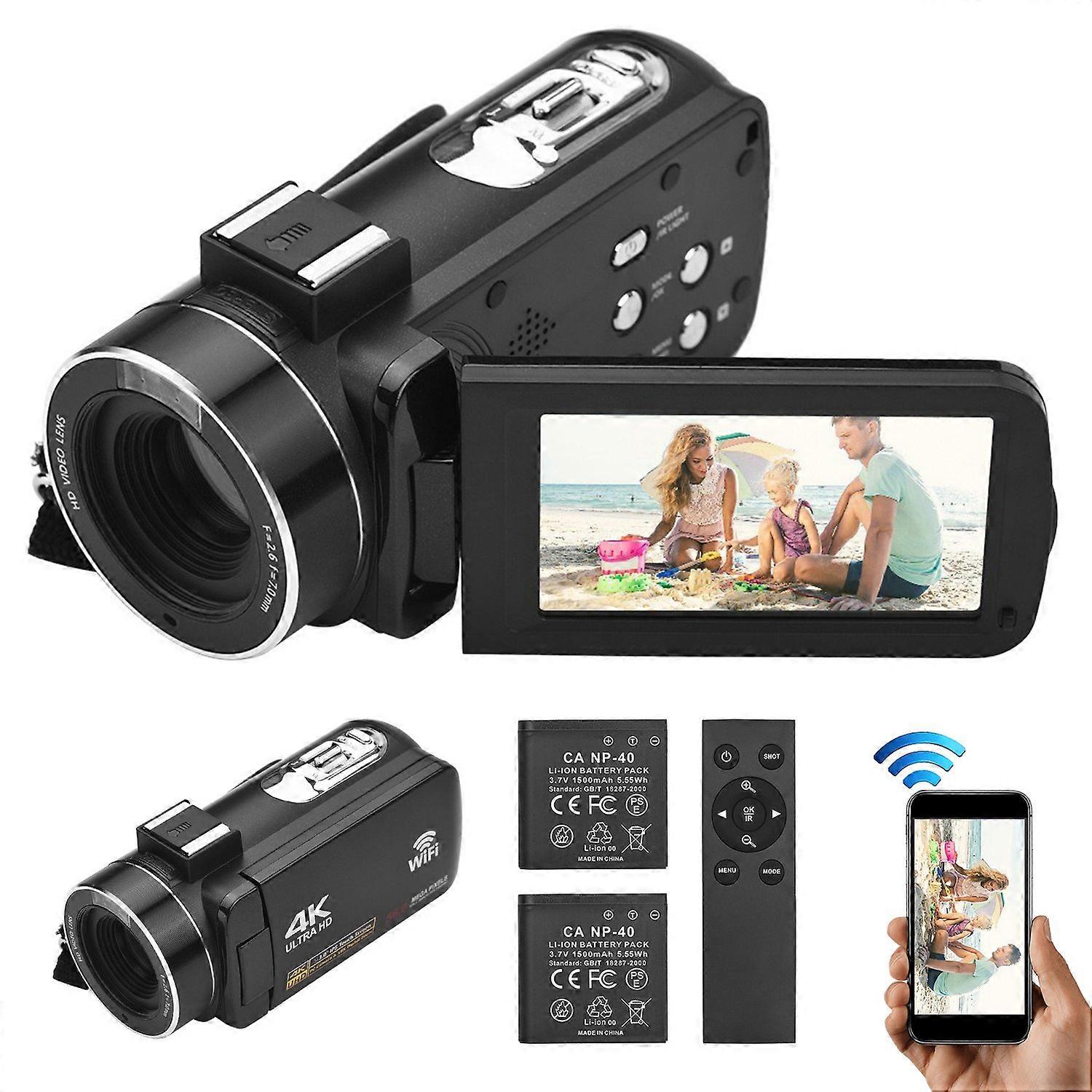 SH 4K Digital Camera Night Vision 3 inch Touch Screen 56MP WiFi DV Camcorder with 2 Batteries + Remo