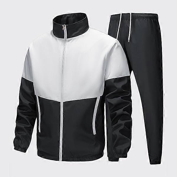 Stand Collar Sports Suit for Men Spliced Contrast Color Windproof and Comfortable Adjustable Drawstring Waist Black Blue Suit with Mock Neck