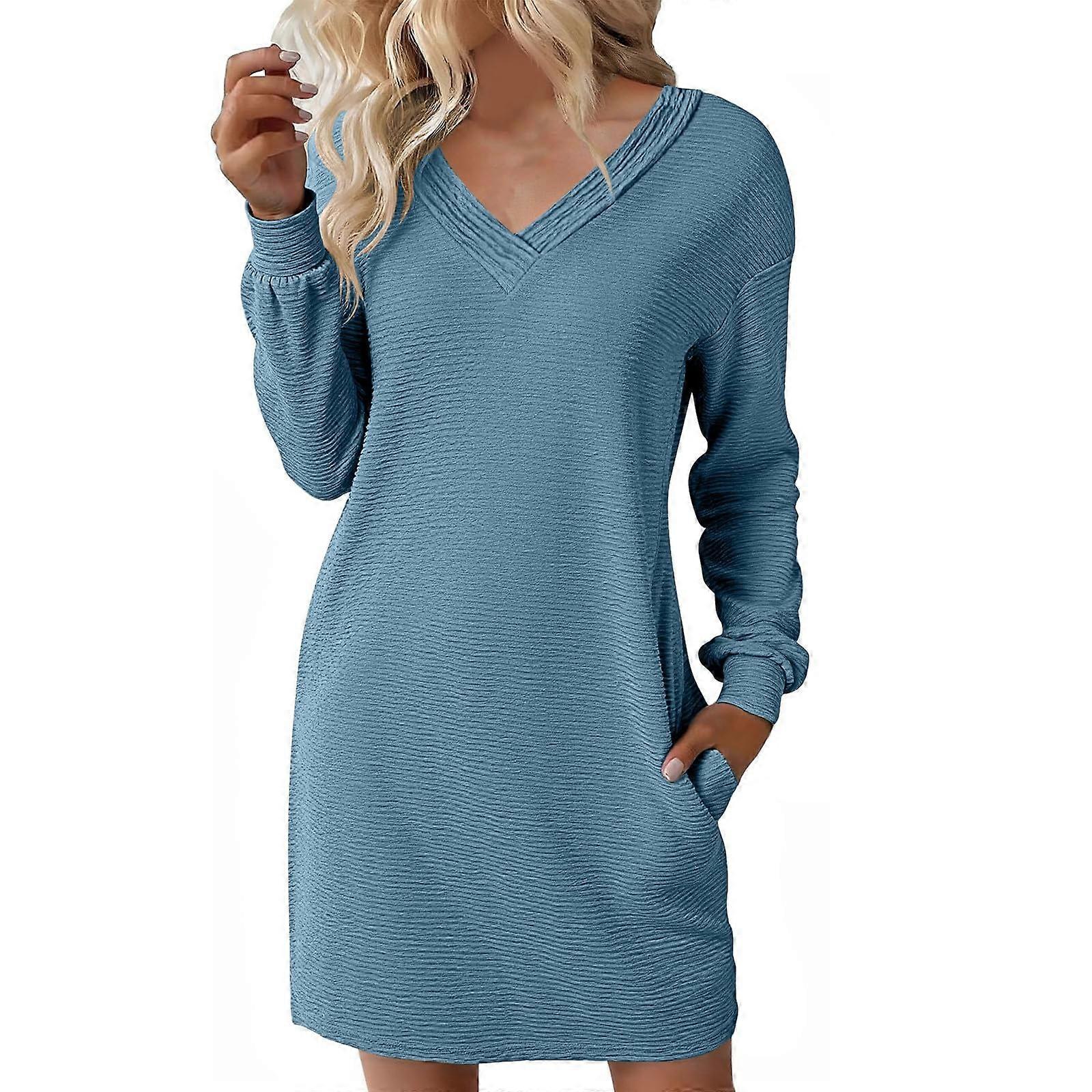 Women's Loose Long Sleeve T-Shirt Dress Casual Textured Dress with Pockets  light blue S | Fruugo DK