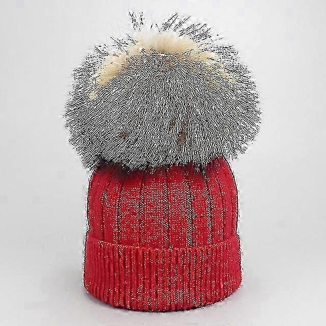 فتاة النساء الشتاء الصوف قبعة صغيرة الراكون الحقيقي الفراء بوم بوم الوالد والطفل محبوك قبعة الأساسية الغزل الدافئة عارضة الجماجم بيني العظام جيدة