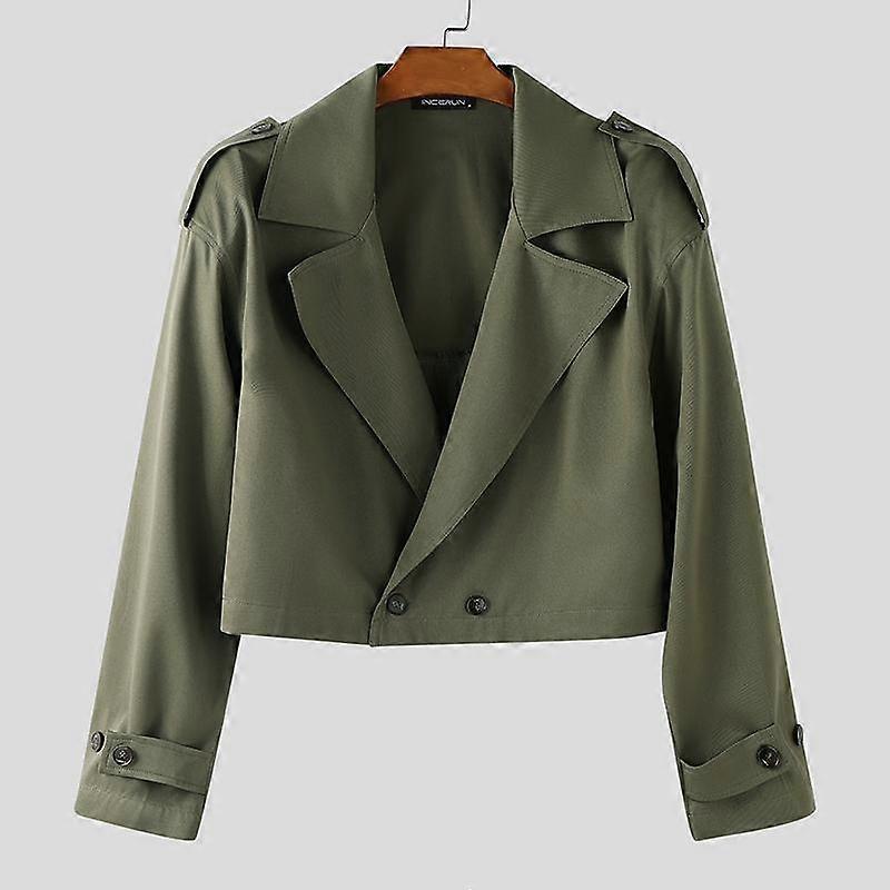 INCERUN Ovesized Men Lapel Neck Long Sleeve Buttons Up Short Windbreaker Coats