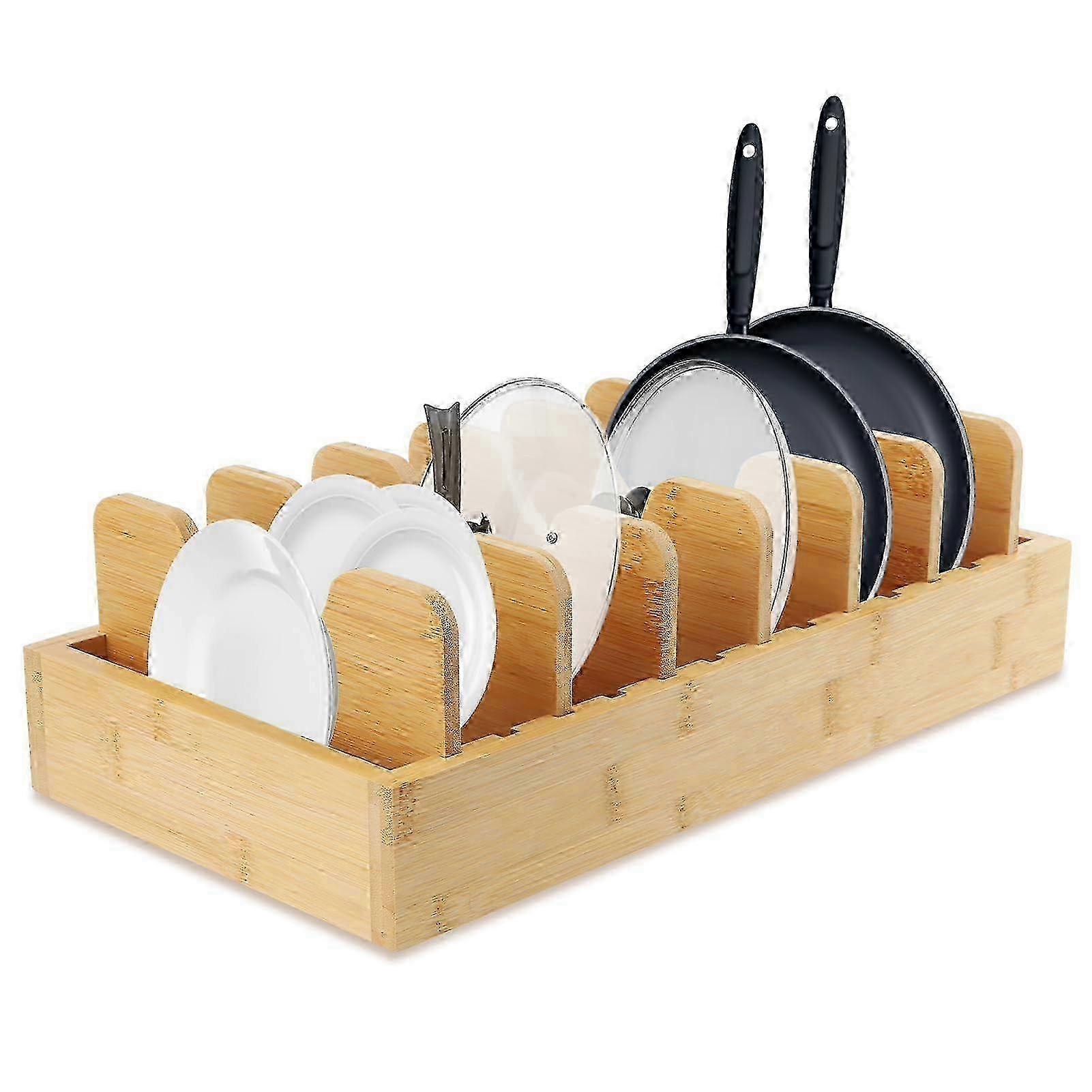 w Adjustable Bamboo Pot Lid and Pan Organizer for Kitchen Storage