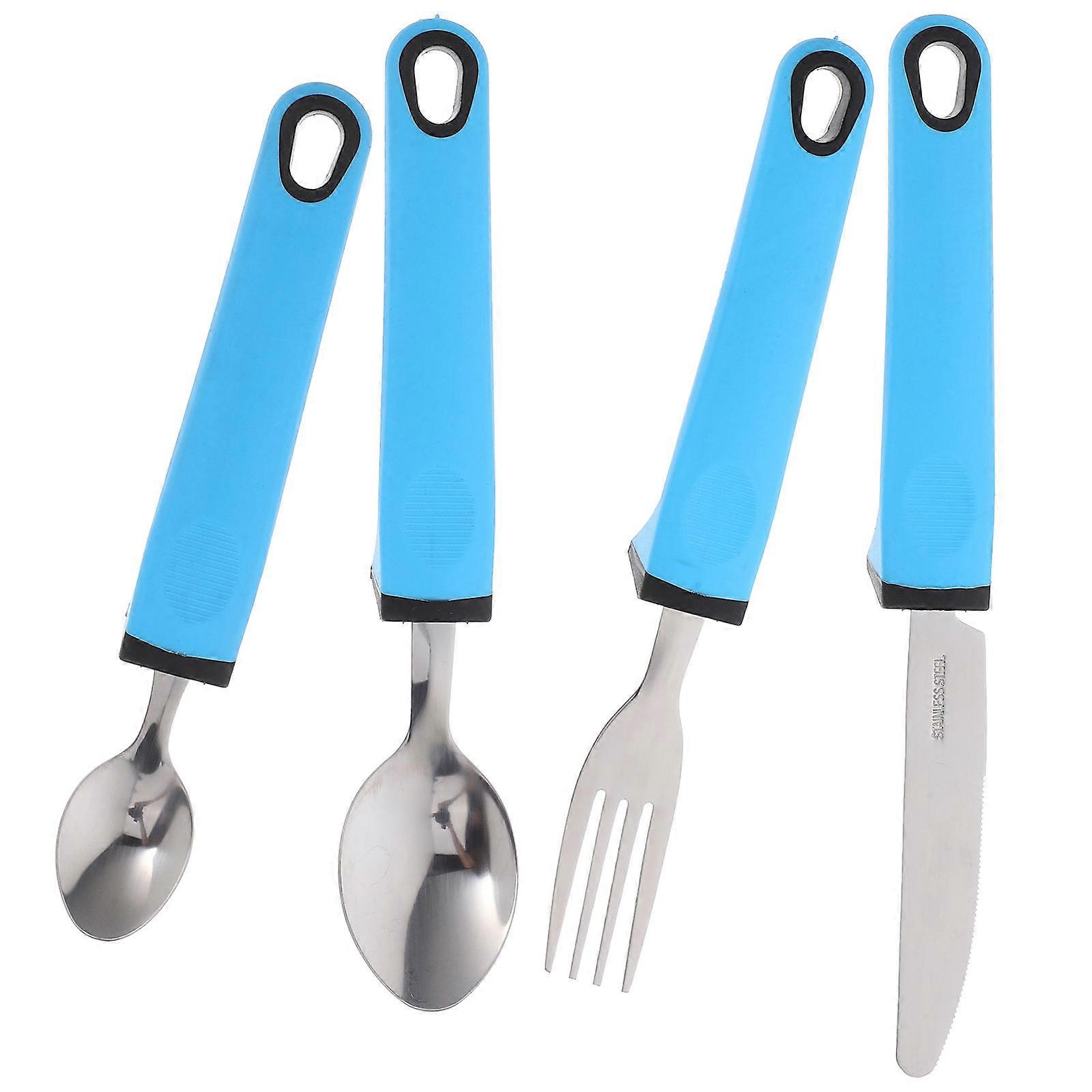 Adaptive Utensils Set For Elderly Home Use With Blue Rubber Handle Tremble-proof Design 1 Set