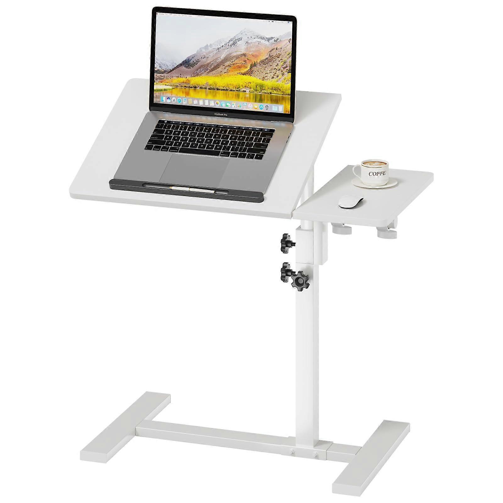 Laptop Bed Table with Wheels, Adjustable Height and 360° Rotating Tiltable Desktop, White