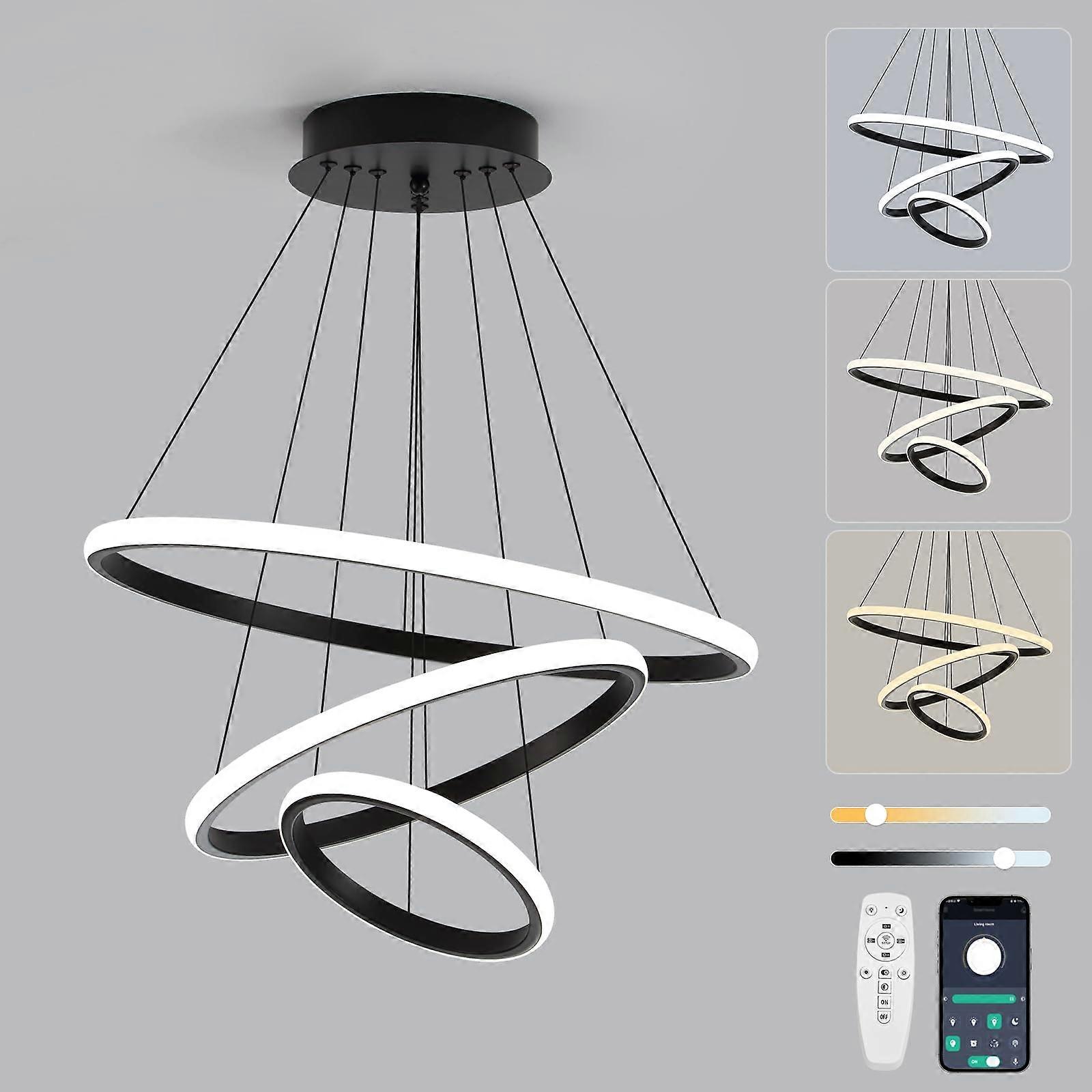Modern LED Chandelier 3 Ring Dimmable Pendant Light with App and Remote Control Adjustable Color