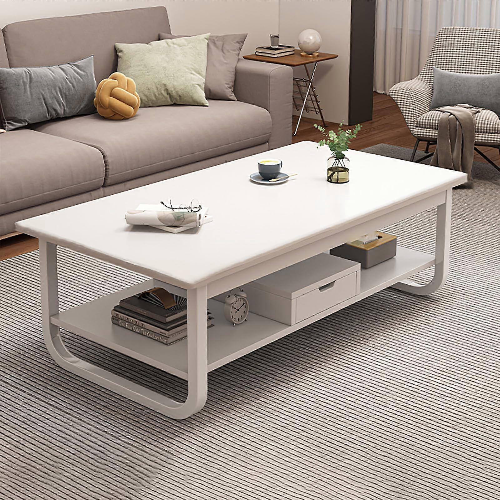Modern 2Tier Coffee Table with Drawer and Shelf, White Living Room Center Table Storage