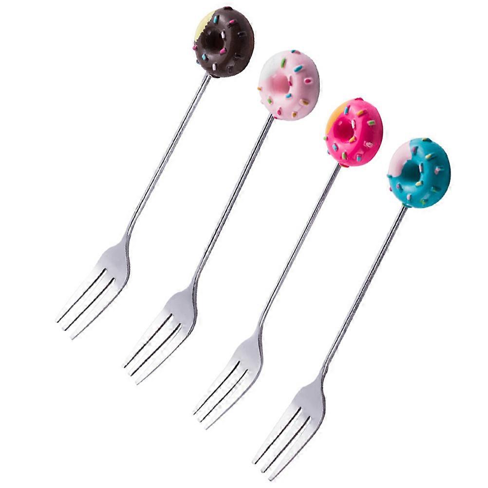 Stainless Steel Dessert Fork for Kitchen Use Assorted Color Smooth Surface Mini Doughnut Pattern 4pcs