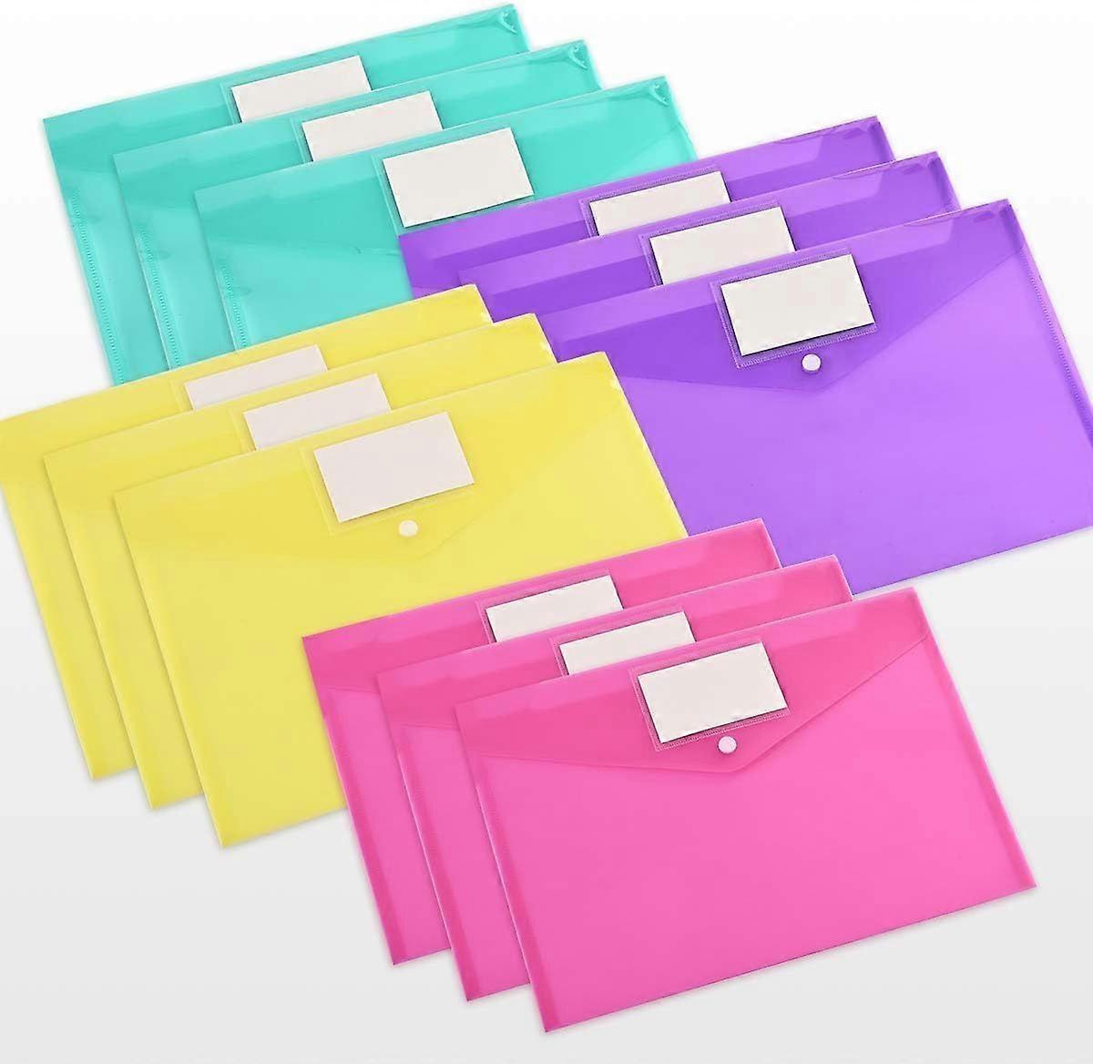 12 Pack A4 Document Wallet, 4 Colors with Press Stud, Clear Plastic Clear Document Wallet, Office Documents, Cosmetics, Stationery