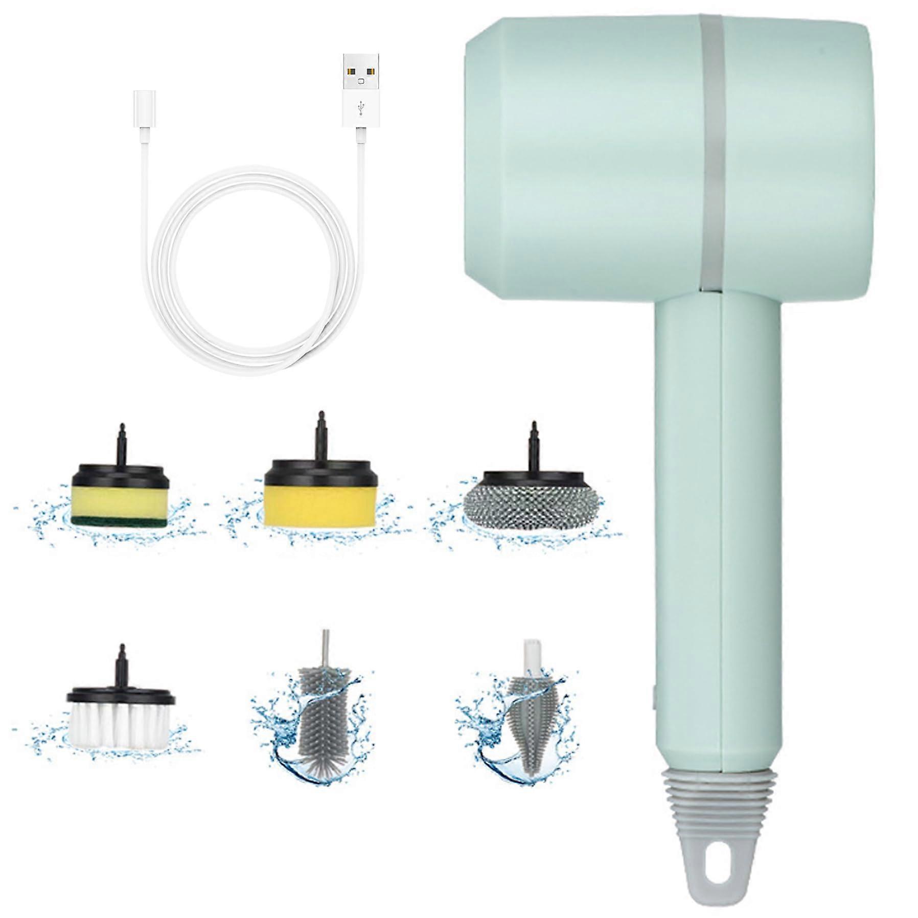 Electric Dish Scrubber with 6 Replaceable Brush Heads, USB Rechargeable Spin Brush for Kitchen and Bathroom