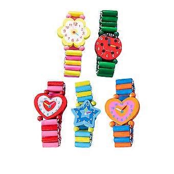5er-Packung Spielzeug-Armbanduhren aus Holz für Kinder mit Cartoon-Motiven zur Förderung des Zeitverständnisses