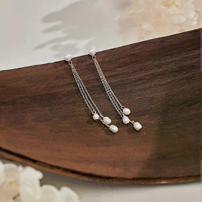 Delicate chain white pearl drop earrings