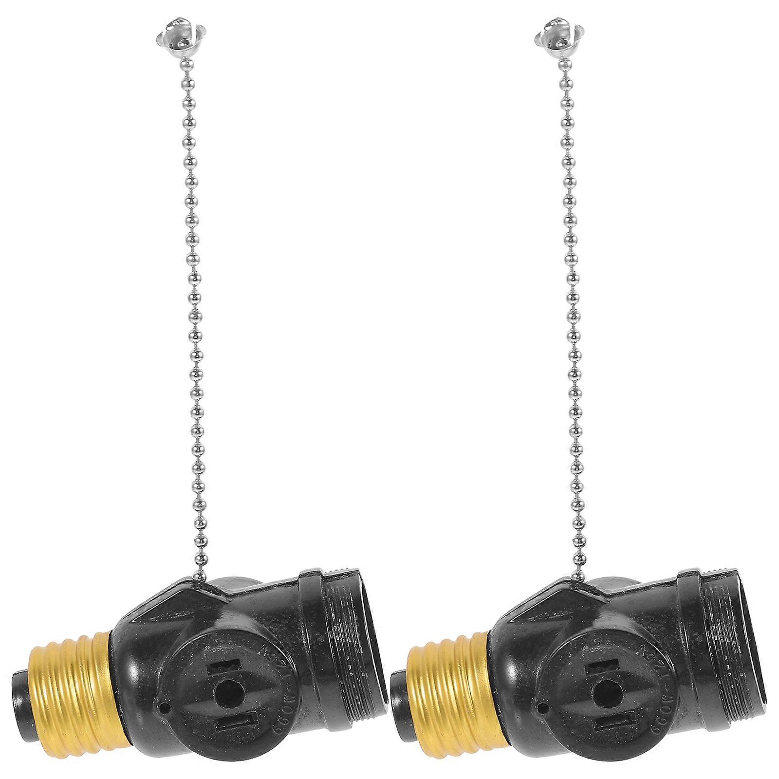 2pcs E26 Lamp Bases Adapter Bakelite Bulb Light Holder Two Outlet Screw Socket with Pull Chain (Black)
