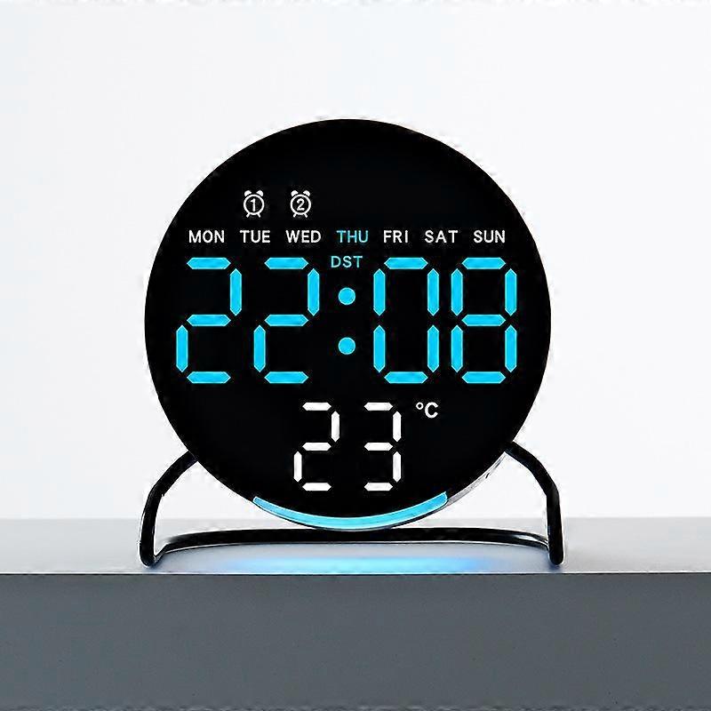 Desktop LED Clock Round Black Shell Blue Light