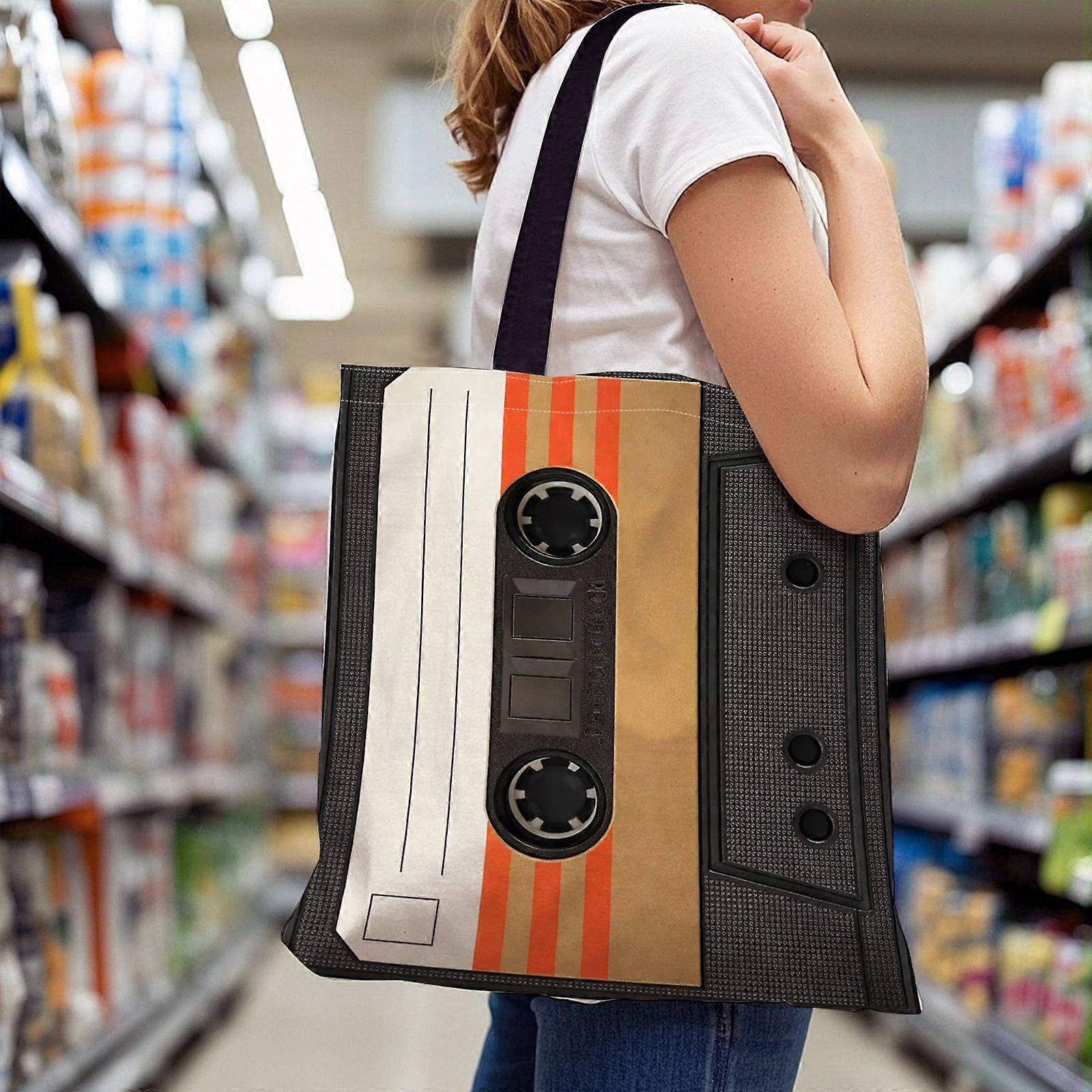 Sac fourre-tout grande capacité + cassette audio rétro, rayures orange, boîtier noir + léger + résistant, double poignée et pliable - Rpolk